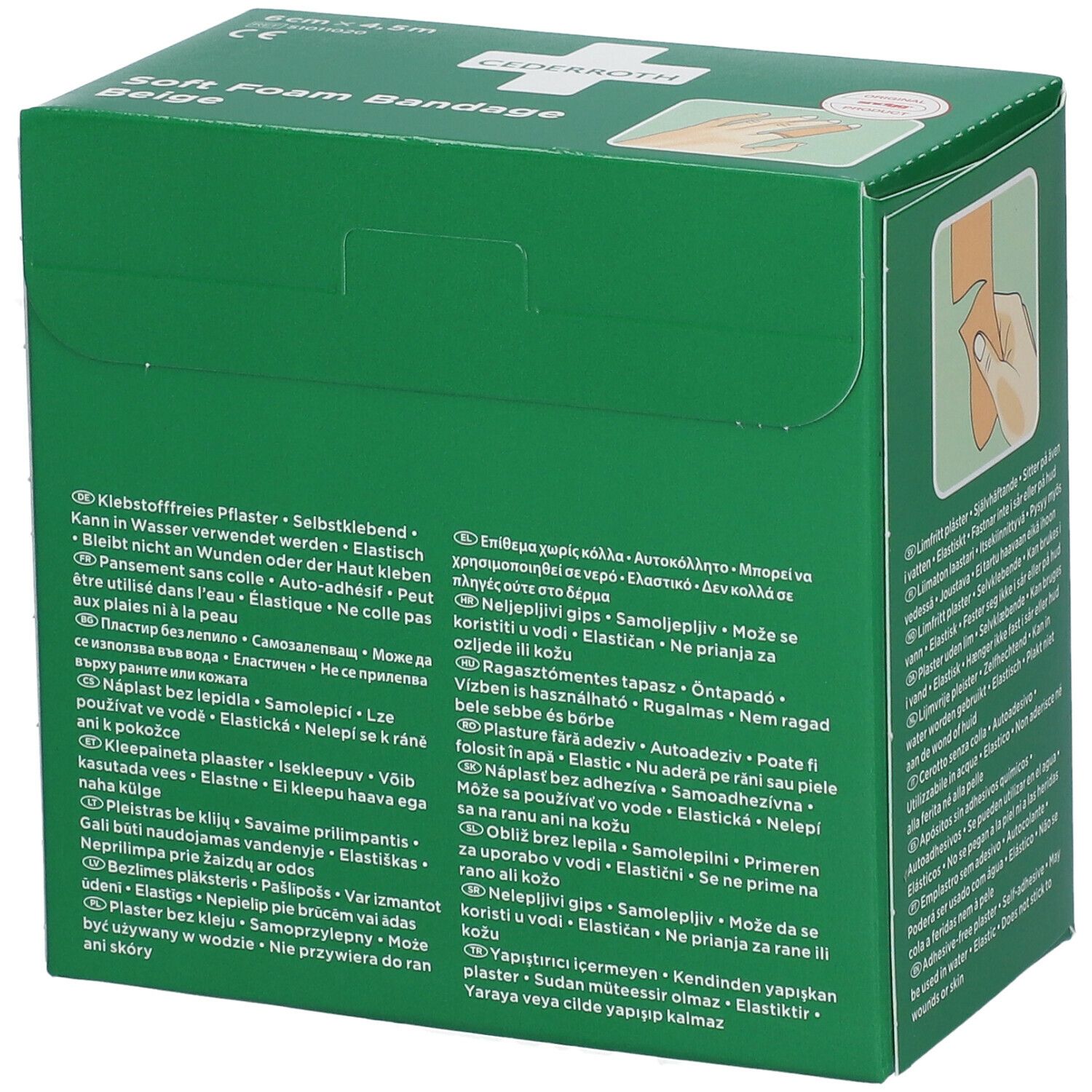 Groene verpakking met meertalige teksten. Cederroth Soft Foam Bandage Beige. Achteraanzicht.
