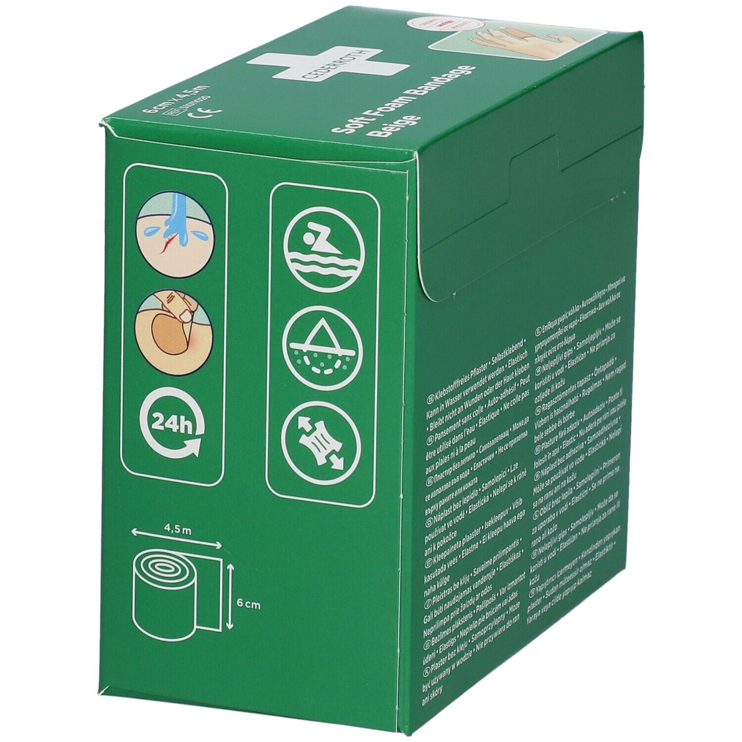Groene verpakking Cederroth Soft Foam Bandage Beige. Afmeting: 6 cm x 4,5 m. Illustraties.
