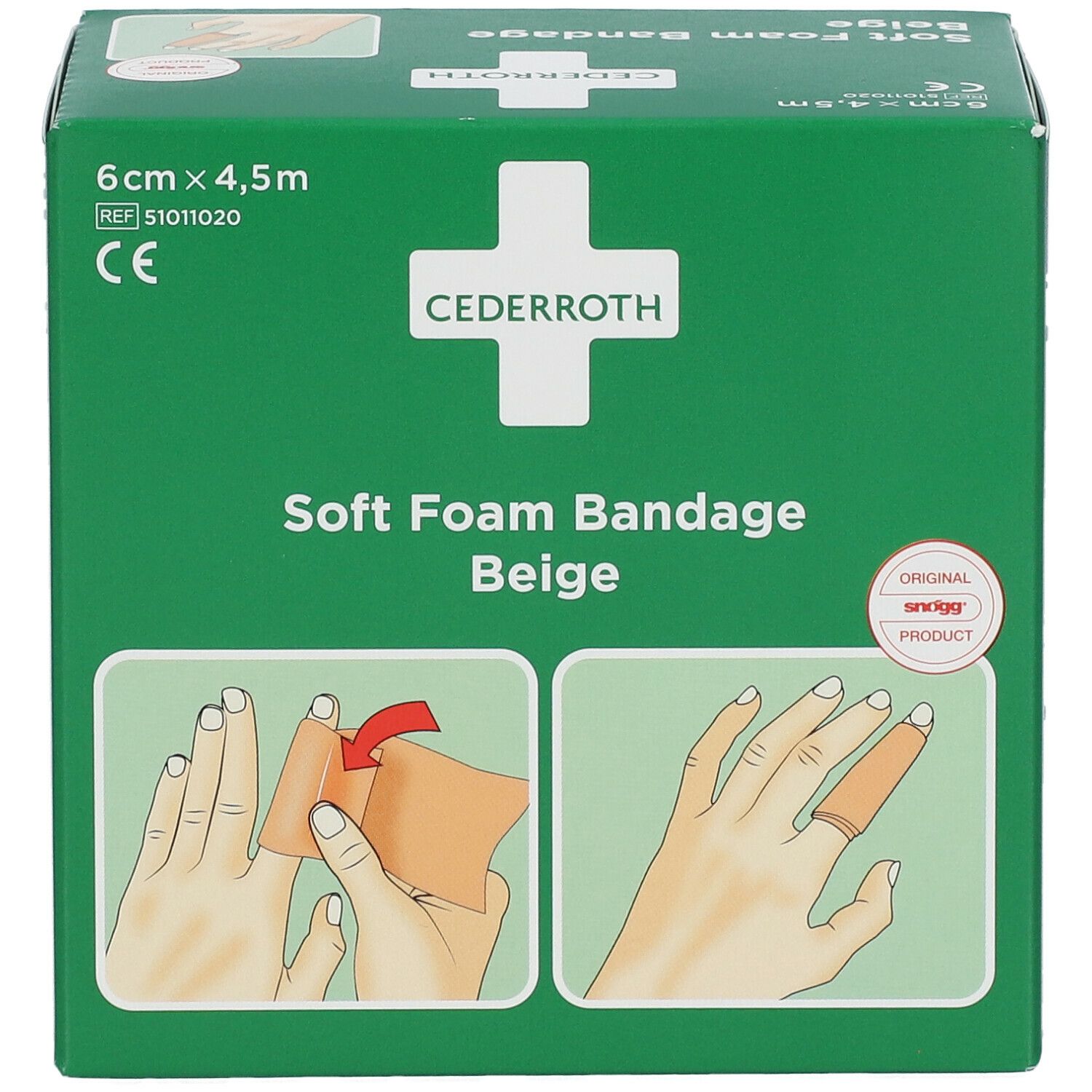 Groene verpakking Cederroth Soft Foam Bandage Beige. Afmeting: 6 cm x 4,5 m. Illustraties van gebruik.