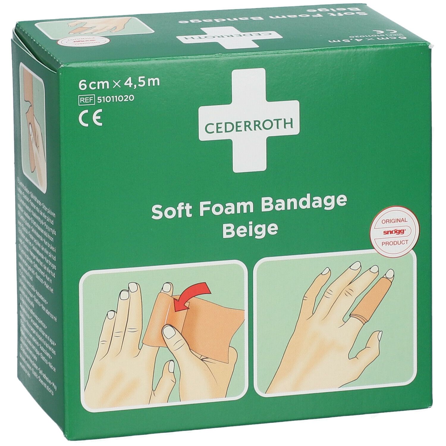 Groene verpakking Cederroth Soft Foam Bandage Beige. Afmeting: 6 cm x 4,5 m. Illustraties van gebruik.