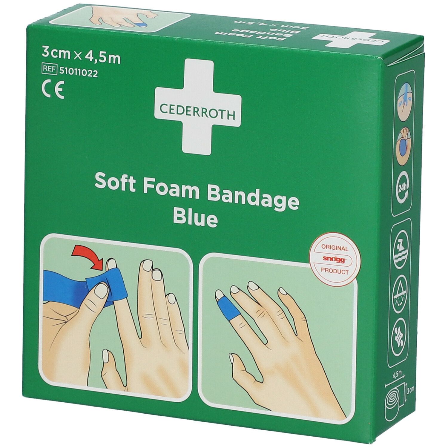 Groene verpakking Cederroth Soft Foam Bandage Blue. Illustraties van gebruik. Afmetingen: 3 cm x 4,5 m. CE-markering.