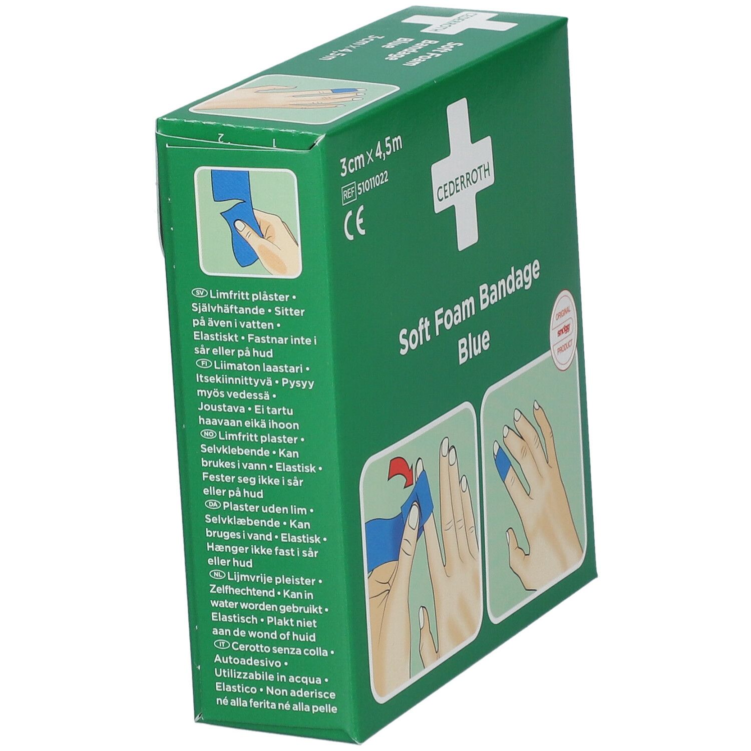 Groene verpakking Cederroth Soft Foam Bandage Blue. Meertalige tekst. Afmetingen: 3 cm x 4,5 m. CE-markering.