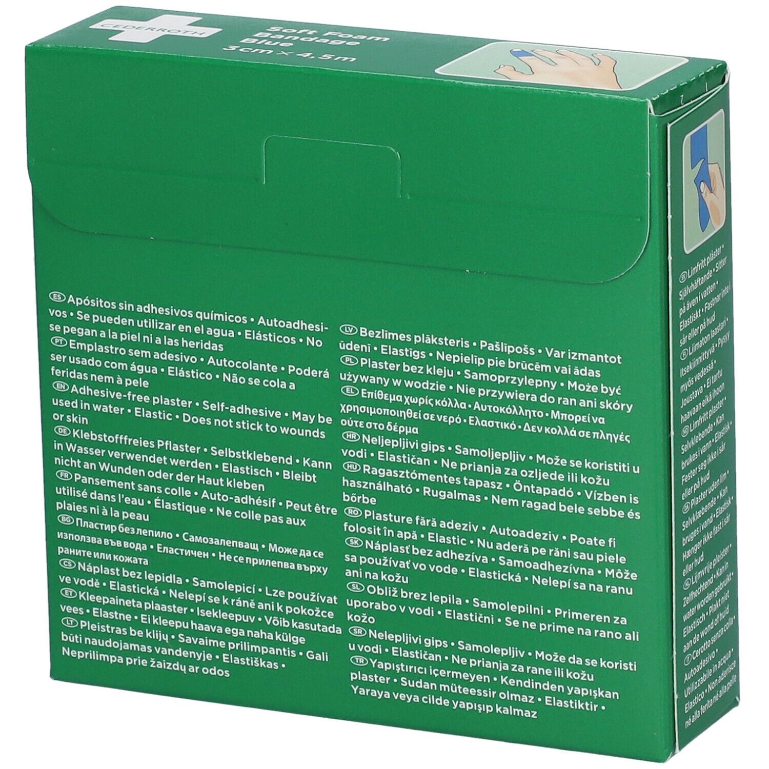 Groene verpakking Cederroth Soft Foam Bandage Blue. Meertalige tekst. Afmetingen: 3 cm x 4,5 m. CE-markering.