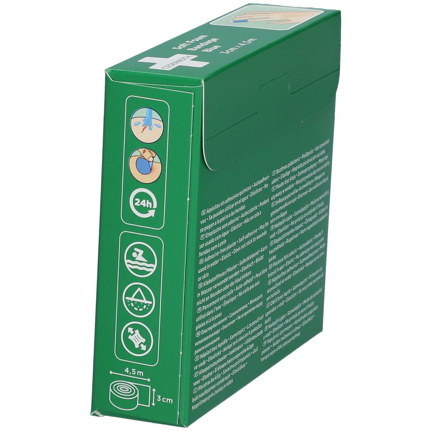 Groene verpakking Cederroth Soft Foam Bandage Blue. Illustraties en tekst. Afmetingen: 3 cm x 4,5 m. CE-markering.
