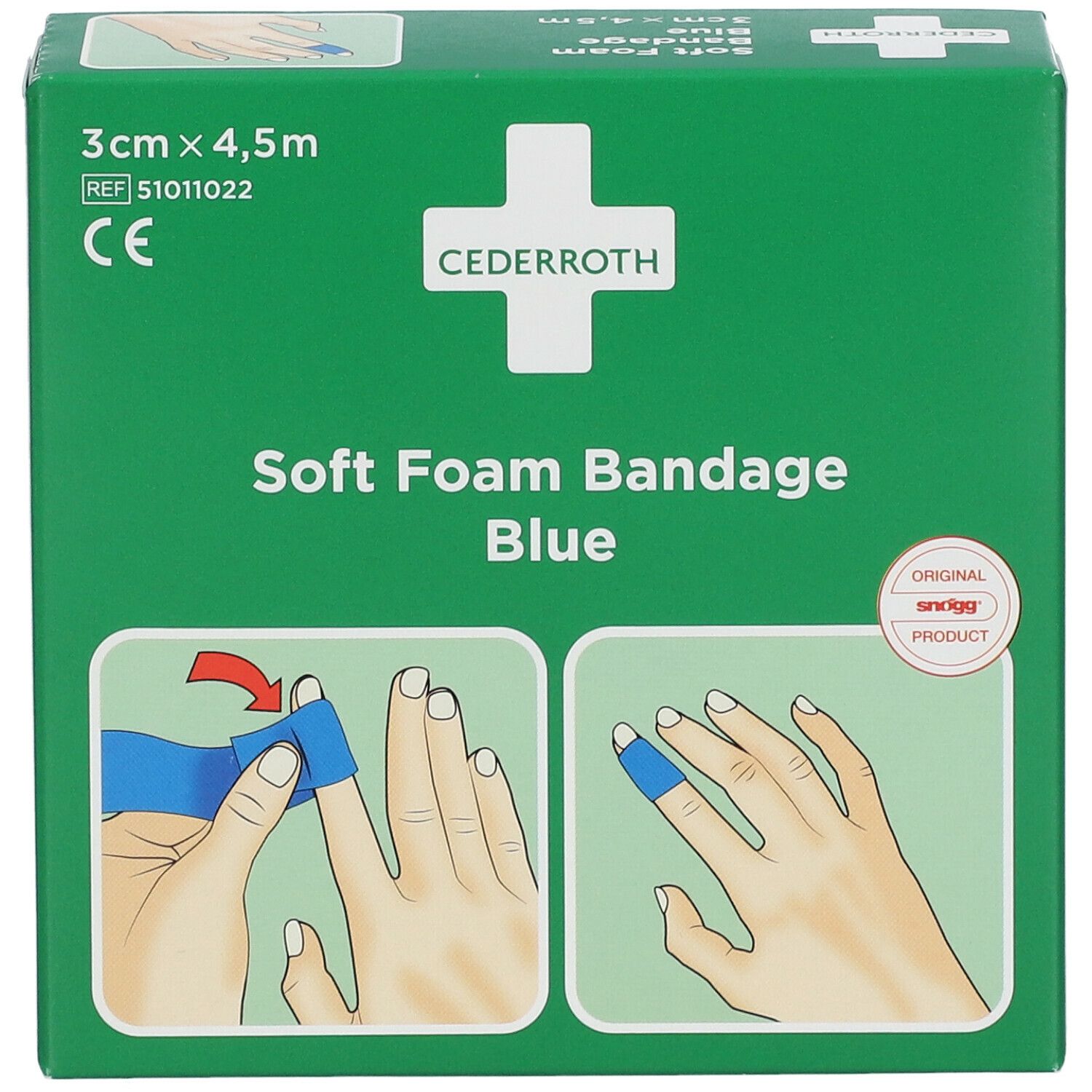 Groene verpakking Cederroth Soft Foam Bandage Blue. Afmetingen: 3 cm x 4,5 m. Illustraties van gebruik. CE-markering.