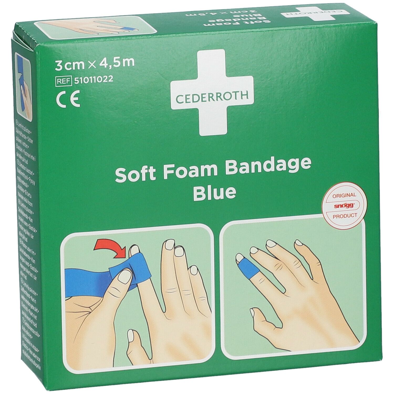 Groene verpakking Cederroth Soft Foam Bandage Blue. Afmetingen: 3 cm x 4,5 m. Illustraties van gebruik. CE-markering.