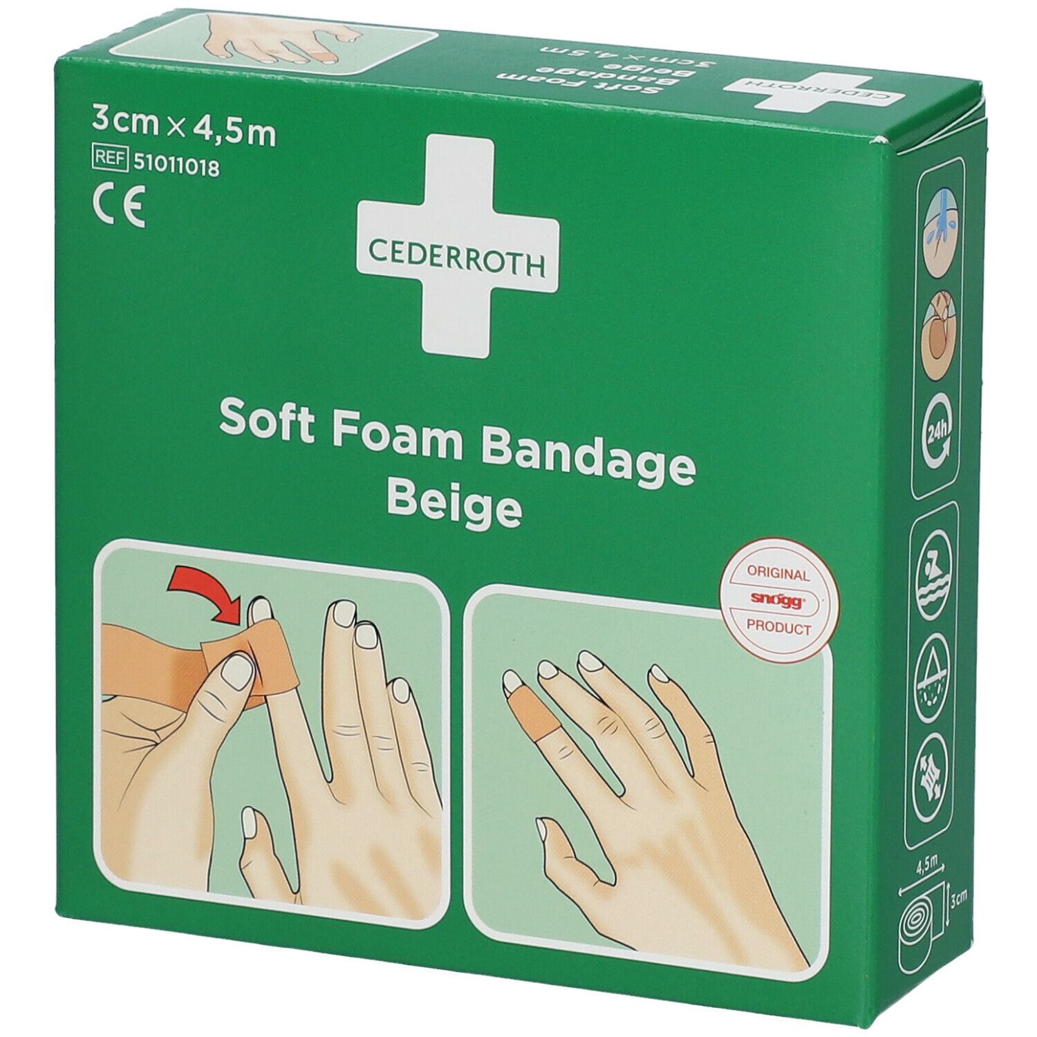 Groene verpakking Cederroth Soft Foam Bandage Beige. Illustratie: vinger met verband. Afmetingen: 3 cm x 4,5 m.