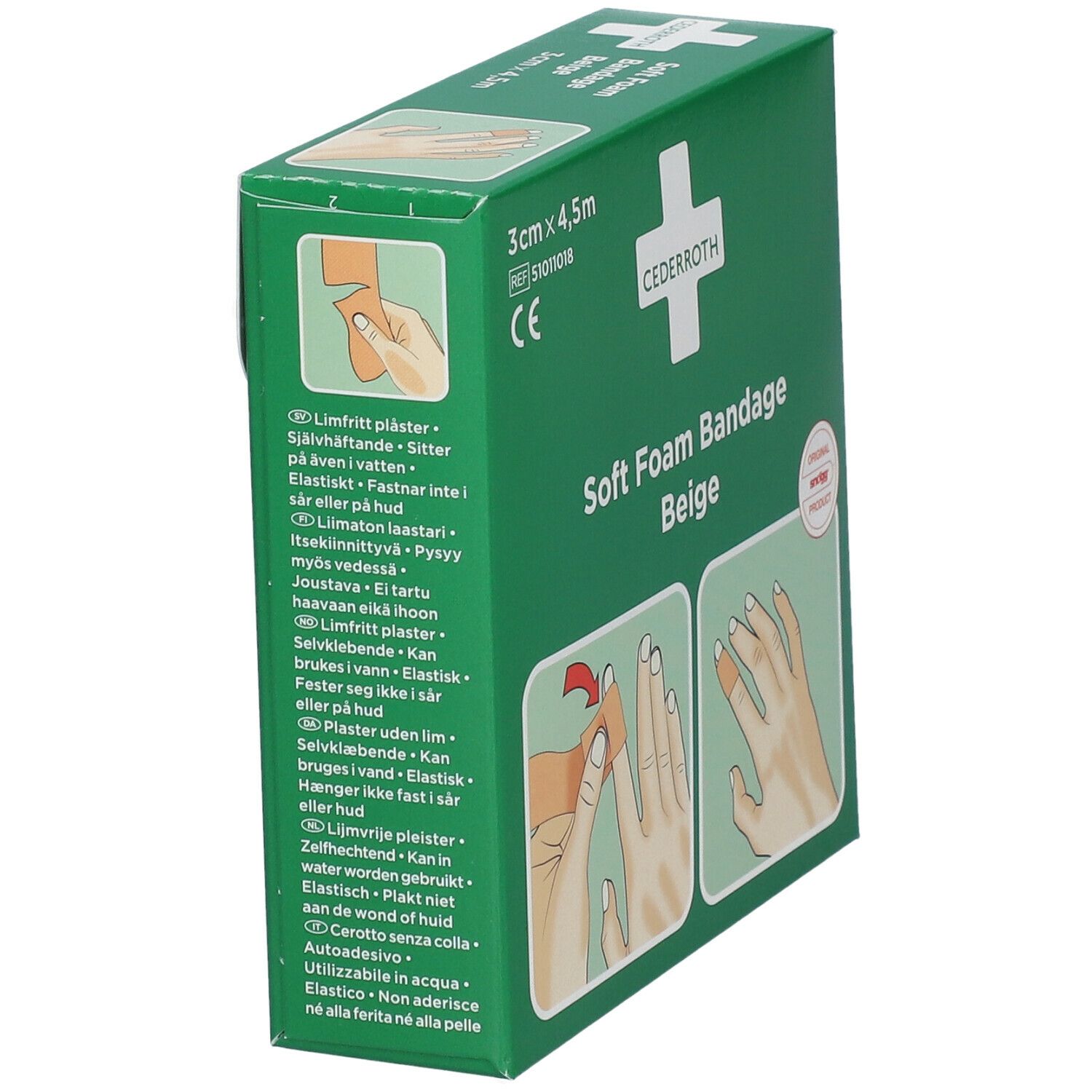 Schuine groene verpakking. Opschrift: Cederroth Soft Foam Bandage Beige. Afmetingen: 3 cm x 4,5 m. Illustratie: vinger met verband.