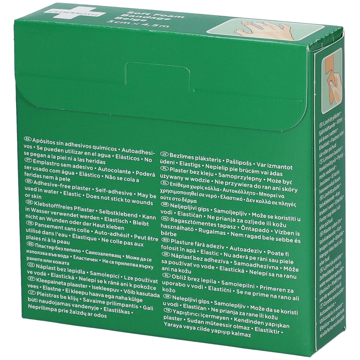 Achterkant van de groene verpakking. Meertalige tekst. Opschrift: Cederroth Soft Foam Bandage Beige. Afmetingen: 3 cm x 4,5 m.
