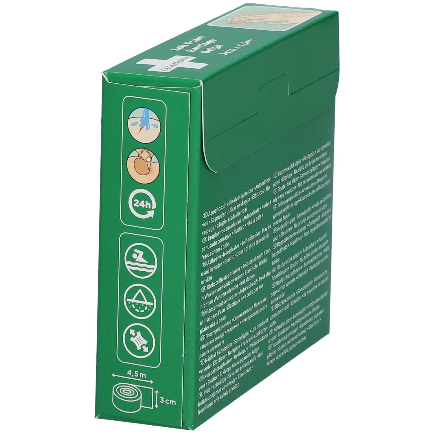 Groene verpakking. Opschrift: Cederroth Soft Foam Bandage Beige. Afmetingen: 3 cm x 4,5 m. Symbolen: 24u, zwemmen, 4,5 m, 3 cm.