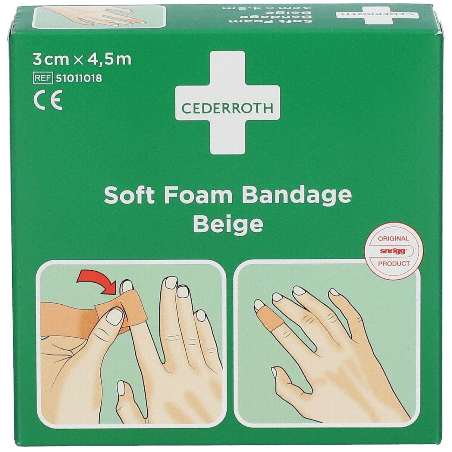 Groene verpakking Cederroth Soft Foam Bandage Beige. Afmetingen: 3 cm x 4,5 m. Illustratie: vinger met verband.