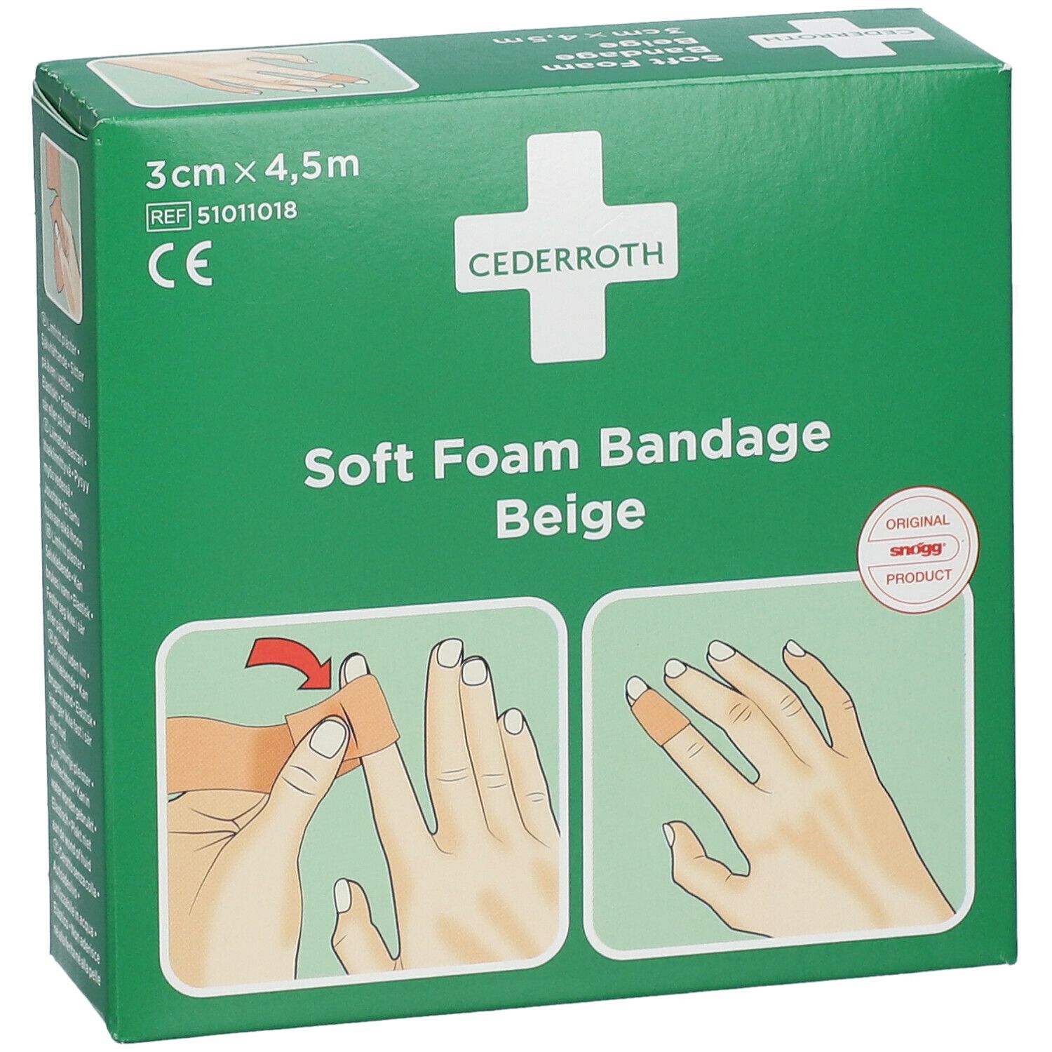 Groene verpakking Cederroth Soft Foam Bandage Beige. Afmetingen: 3 cm x 4,5 m. Illustratie: vinger met verband. Logo: snøgg.