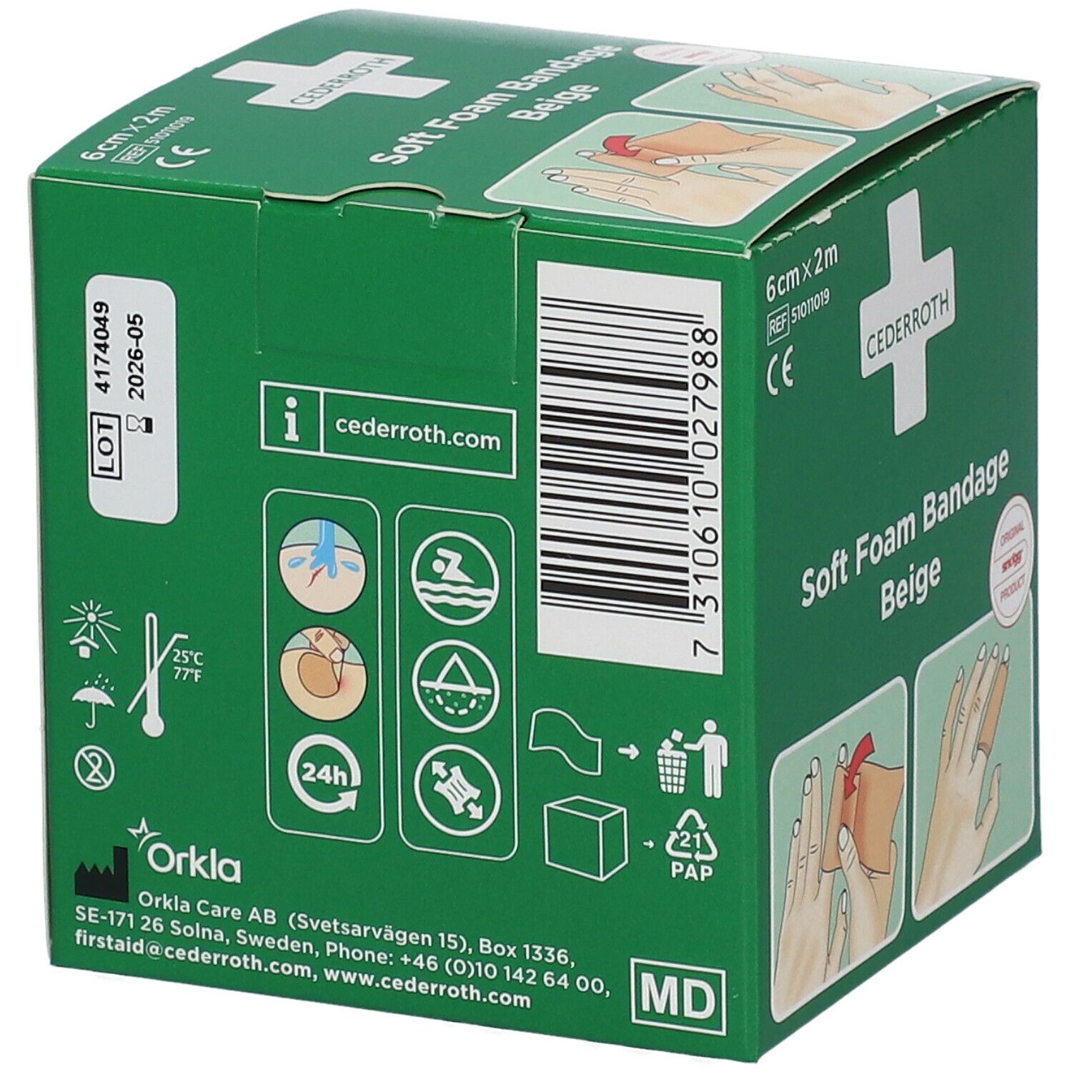 Groene verpakking Cederroth Soft Foam Bandage Beige. Zijaanzicht met informatie, logo's en pictogrammen. CE-markering.