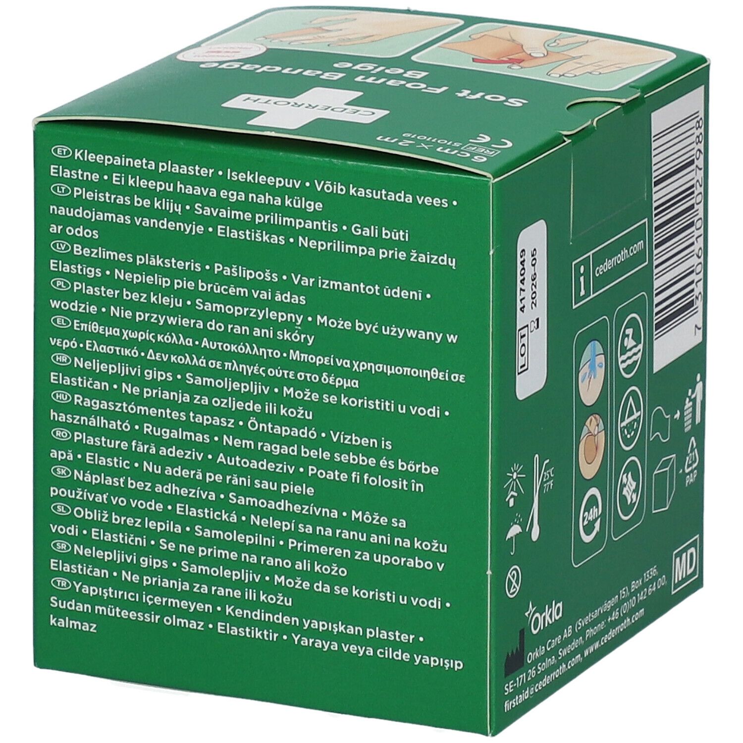 Groene verpakking Cederroth Soft Foam Bandage Beige. Achterkant met tekst in meerdere talen. CE-markering.