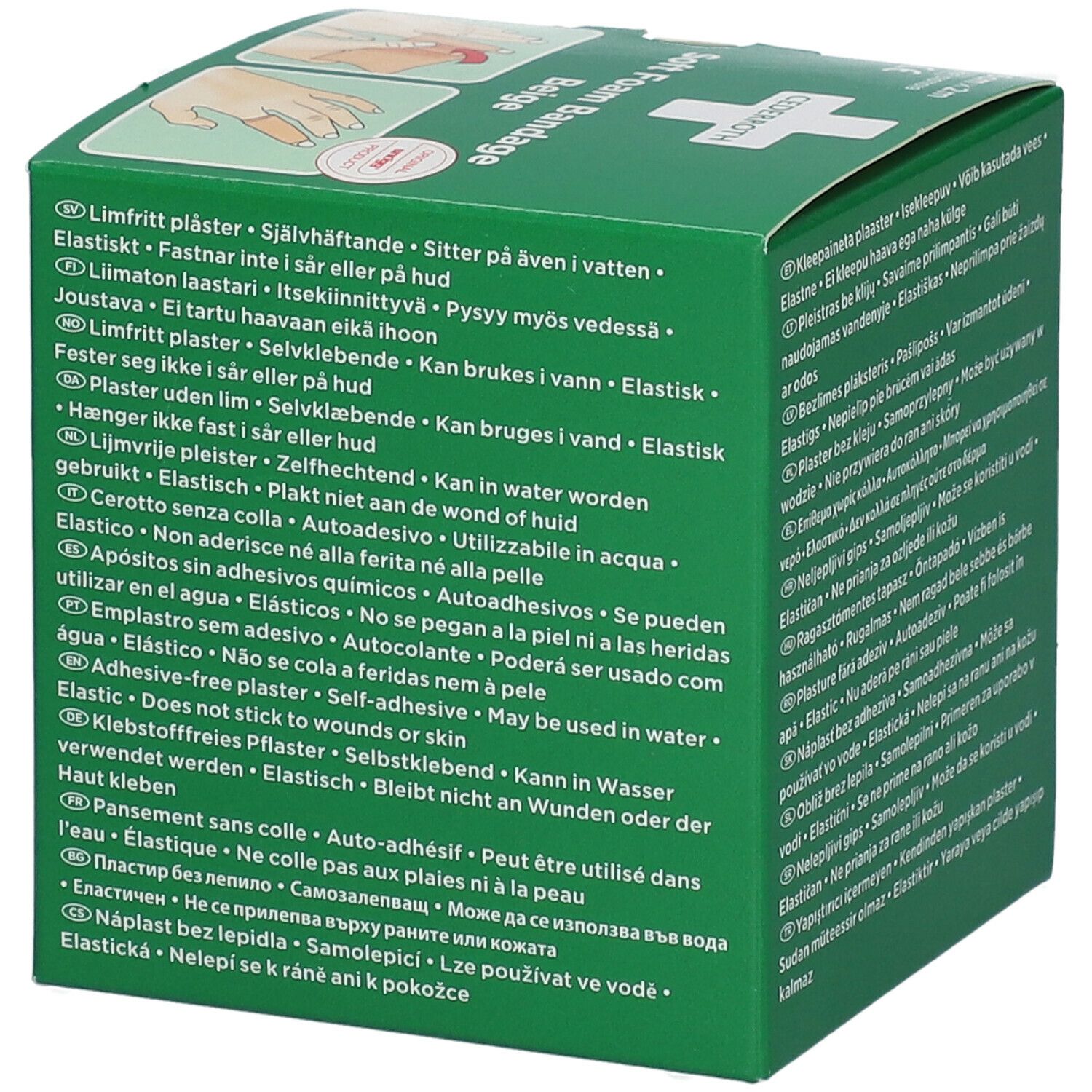 Groene verpakking Cederroth Soft Foam Bandage Beige. Zijkant met tekst in meerdere talen. CE-markering.