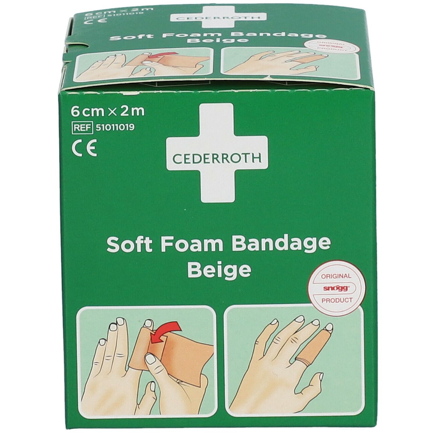 Groene verpakking Cederroth Soft Foam Bandage Beige. Afmetingen: 6 cm x 2 m. Illustraties van gebruik. CE-markering.