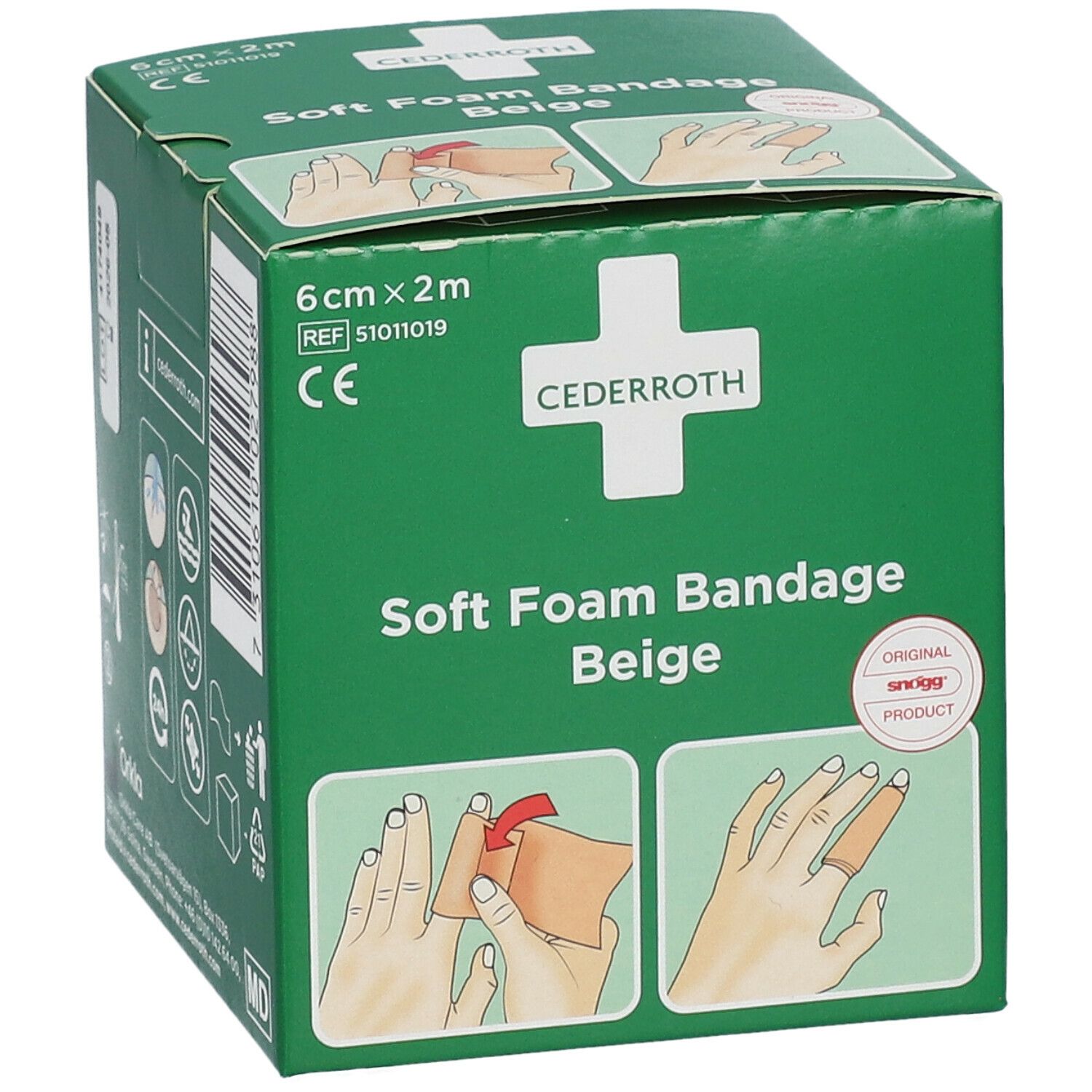 Groene verpakking Cederroth Soft Foam Bandage Beige. Afmetingen: 6 cm x 2 m. Illustraties van gebruik. CE-markering.