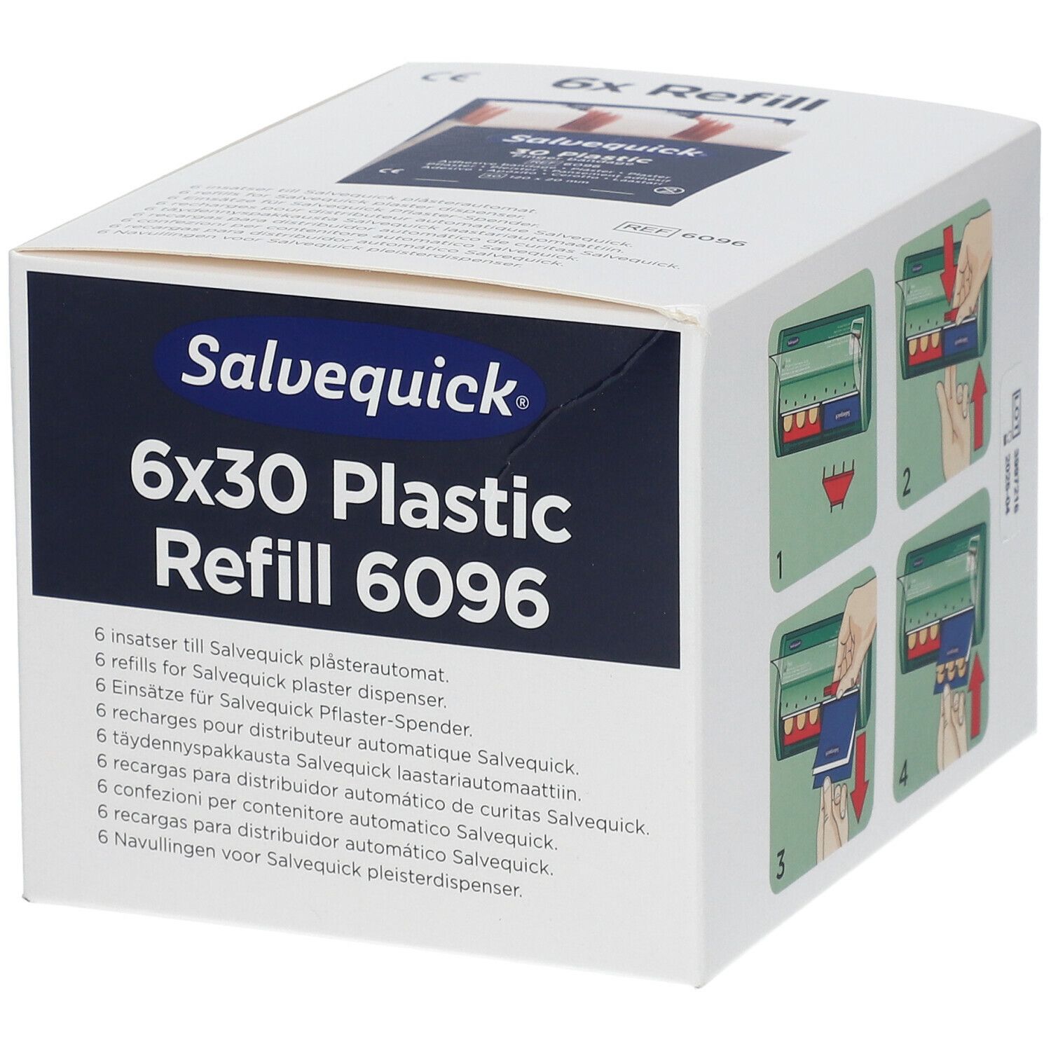 Salvequick 6x30 Plastic Refill 6096. Witte verpakking met productinformatie en gebruiksvoorbeelden.