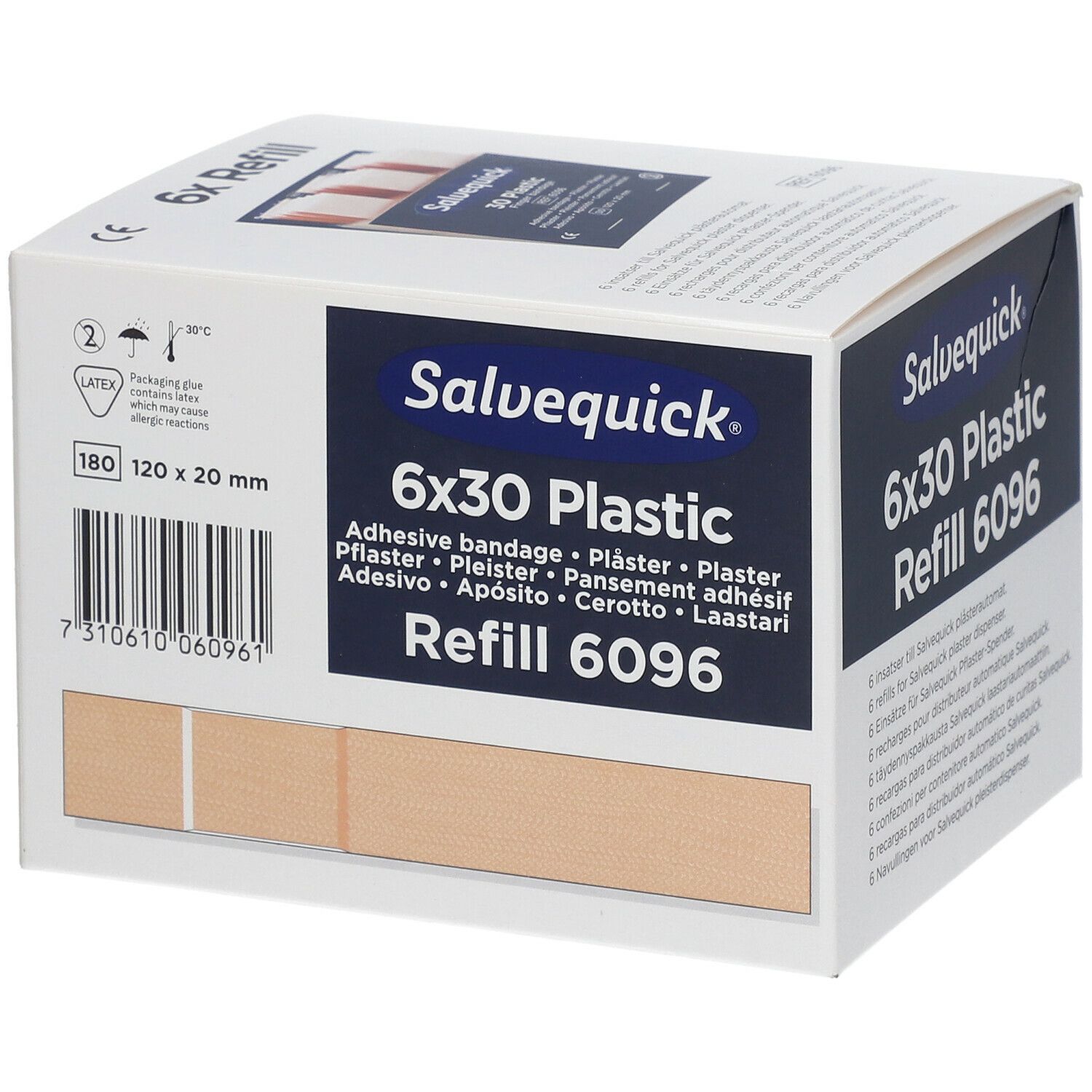 Salvequick 6x30 Plastic Refill 6096. Beige pleisters zichtbaar. Afmetingen: 180x120x20 mm.
