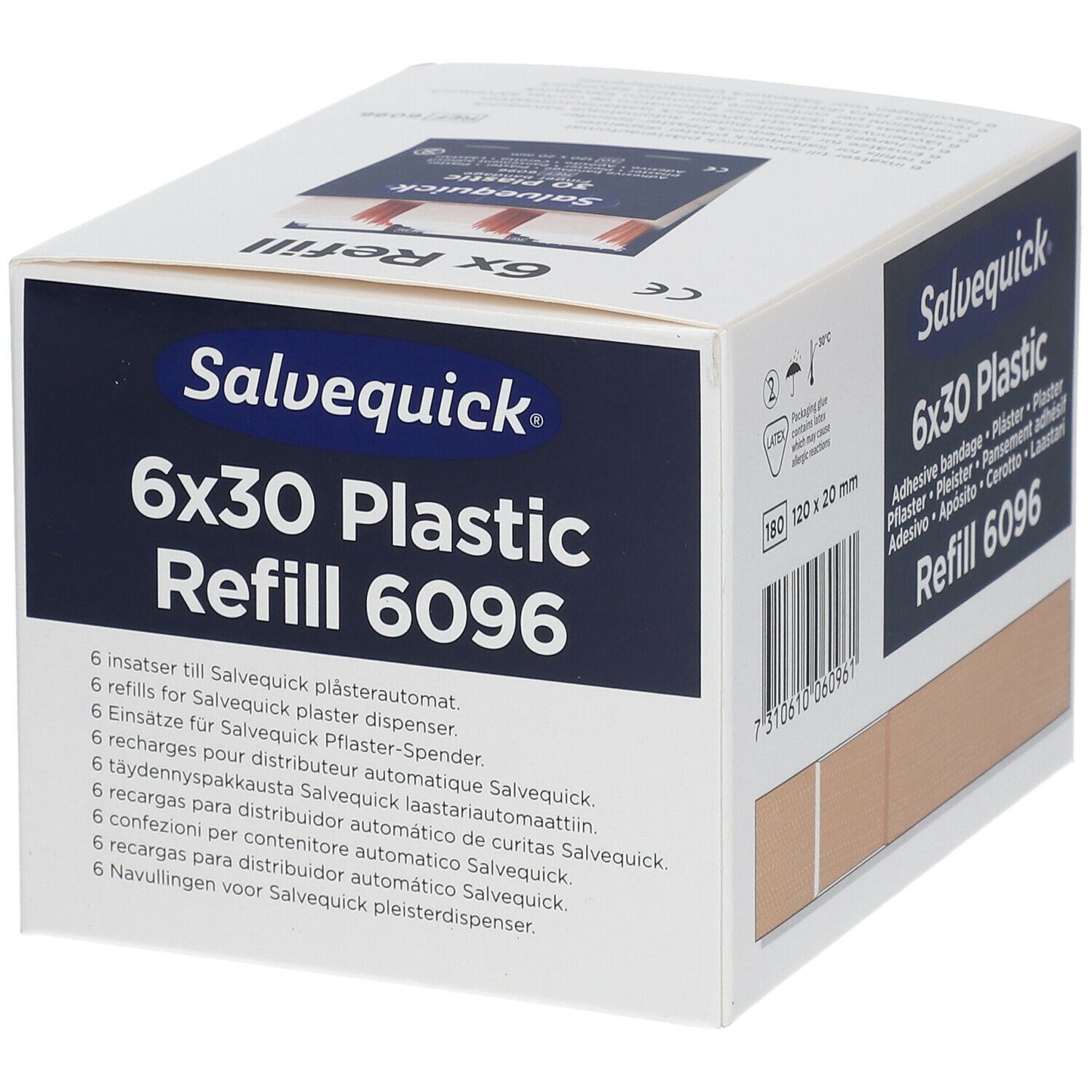 Salvequick 6x30 Plastic Refill 6096. Beige pleisters zichtbaar. Streepjescode en productinformatie.