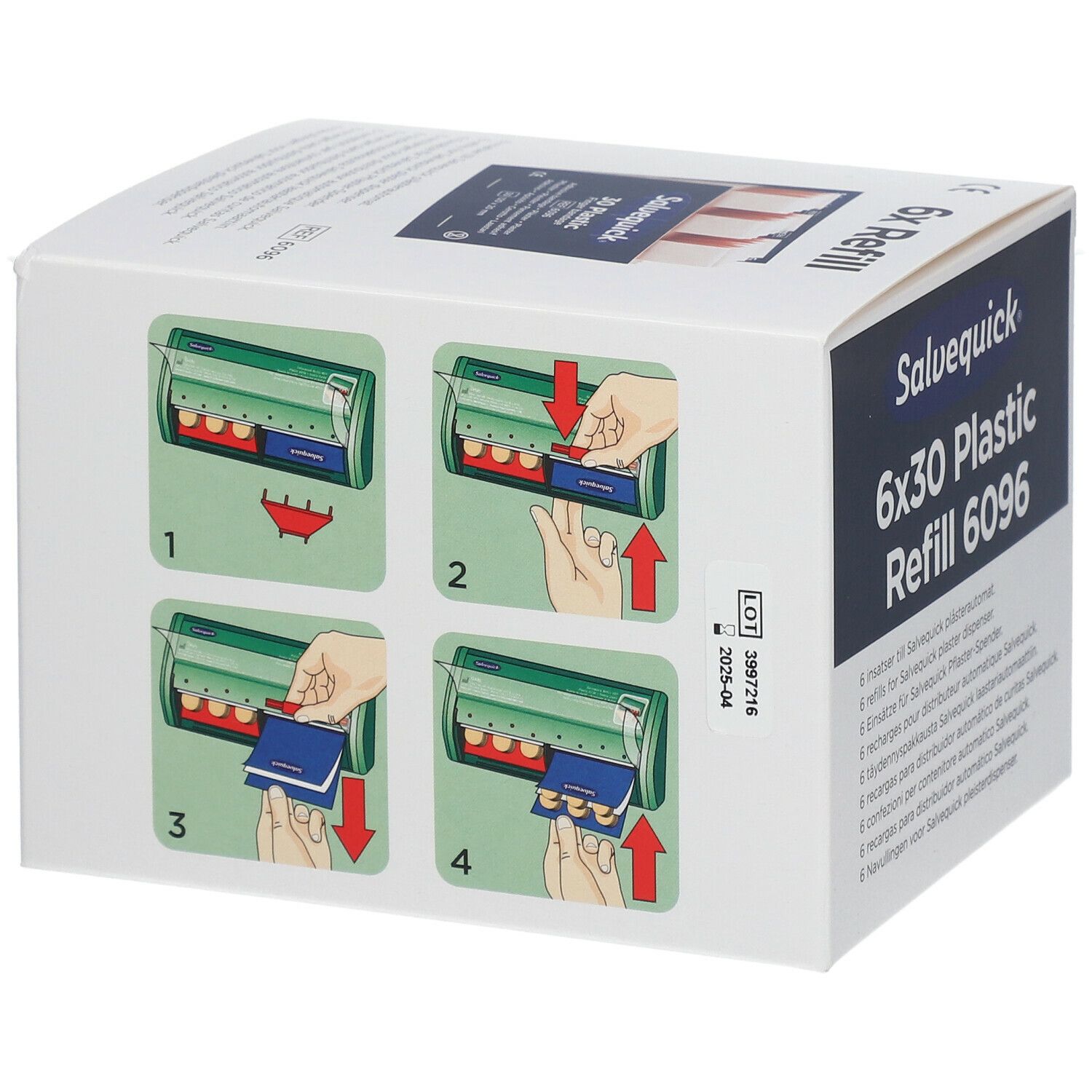 Salvequick 6x30 Plastic Refill 6096. Verpakking met gebruiksvoorbeelden. Illustraties tonen de toepassing.