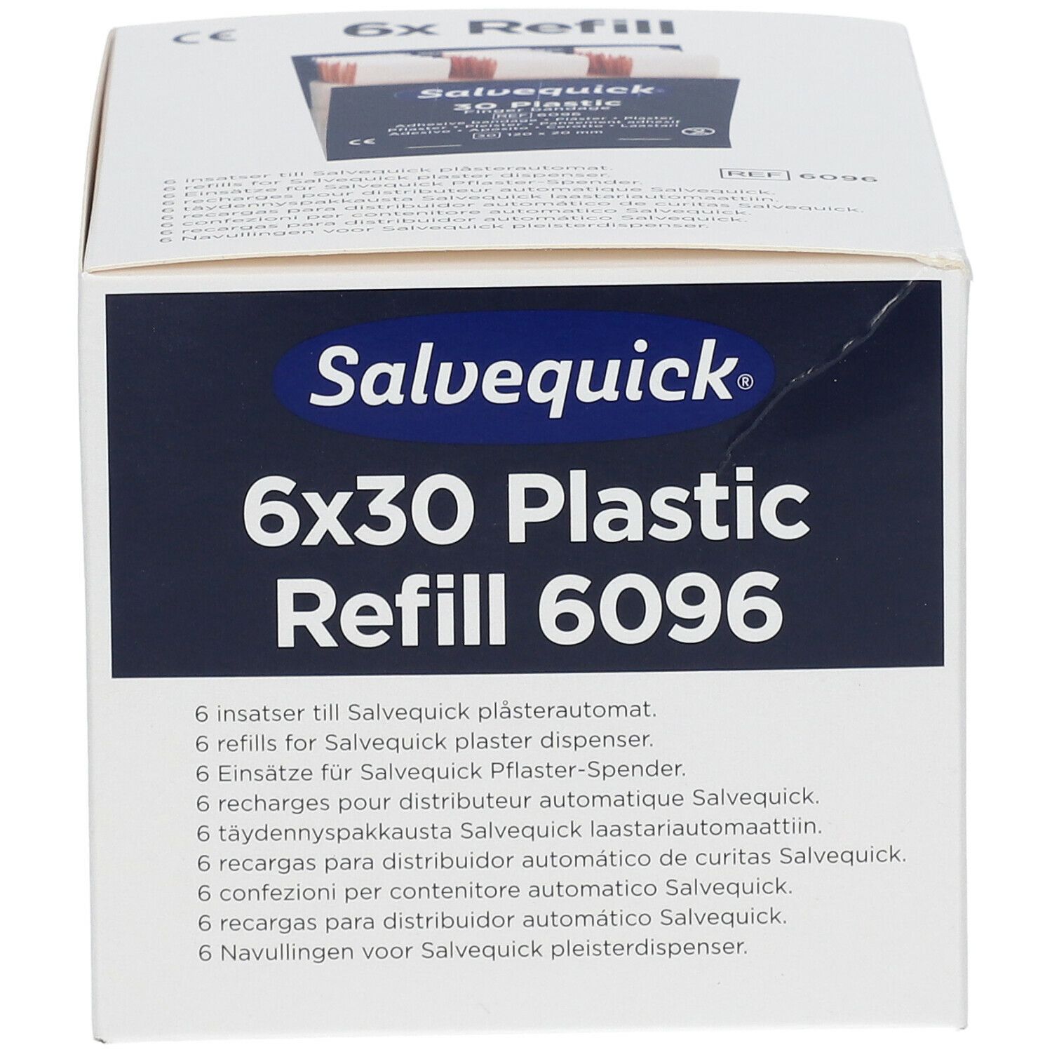 Salvequick 6x30 Plastic Refill 6096. Witte verpakking met productnaam en details.