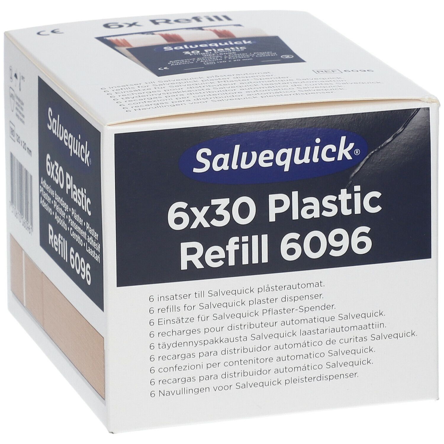 Salvequick 6x30 Plastic Refill 6096. Verpakking met productnaam en beige pleisters zichtbaar.
