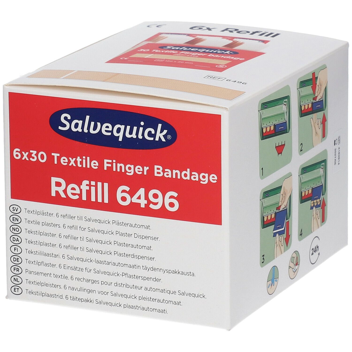 Salvequick® navulling. 6x30 textiel vingerverband. Rode en witte verpakking met productinfo en gebruiksvoorbeelden.