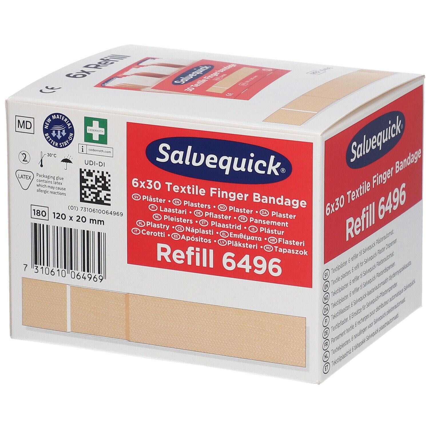Salvequick® navulling. 6x30 textiel vingerverband. Verpakking met productinfo, afmetingen en medische symbolen.