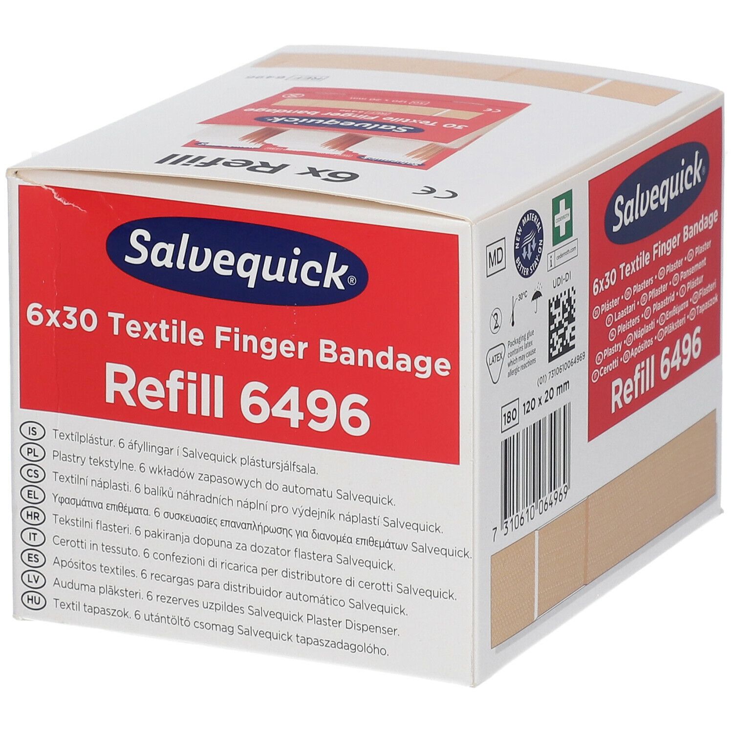 Salvequick® navulling. 6x30 textiel vingerverband. Verpakking met productinfo en meertalige vertalingen.