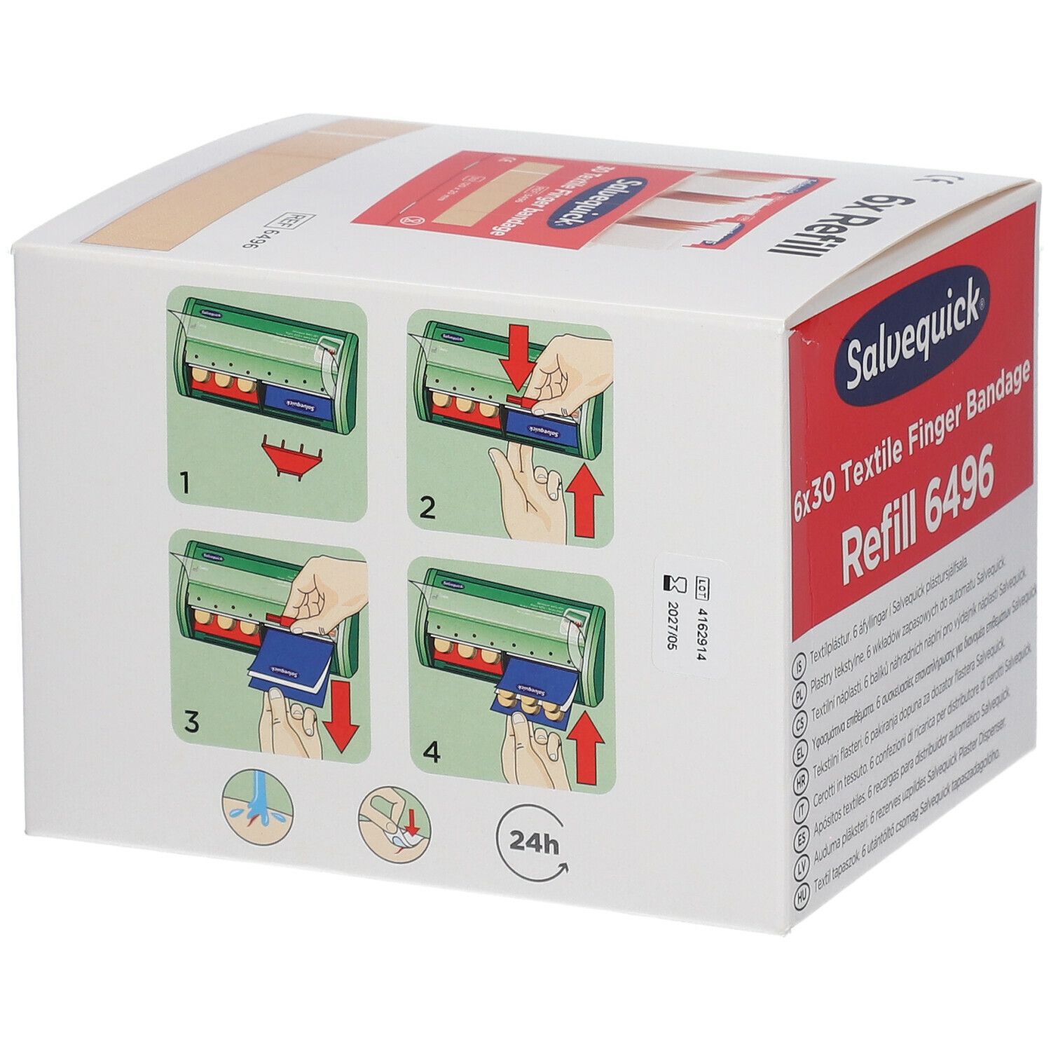 Salvequick® navulling. 6x30 textiel vingerverband. Verpakking met gebruiksvoorbeelden en productinfo.