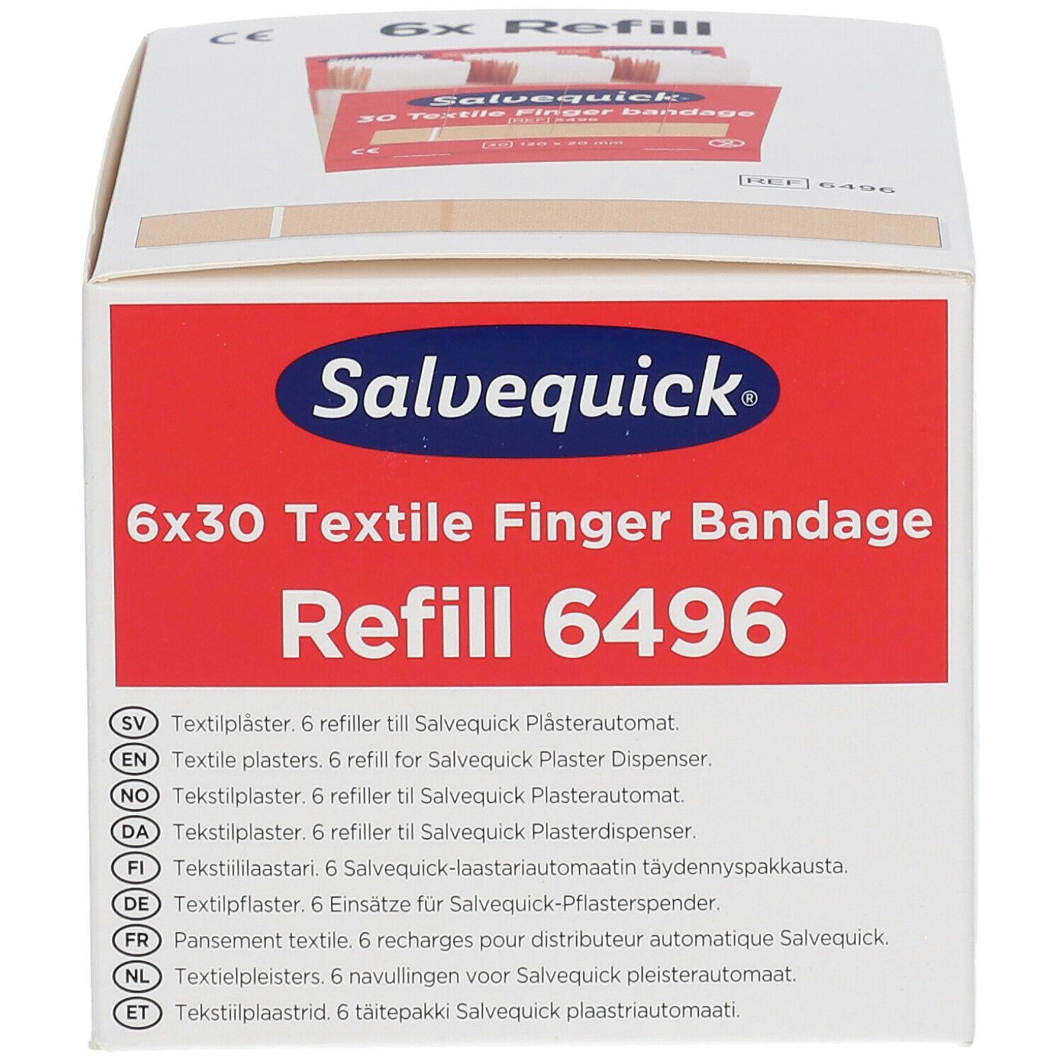 Salvequick® navulling. 6x30 textiel vingerverband. Verpakking met productinfo en meertalige vertalingen.
