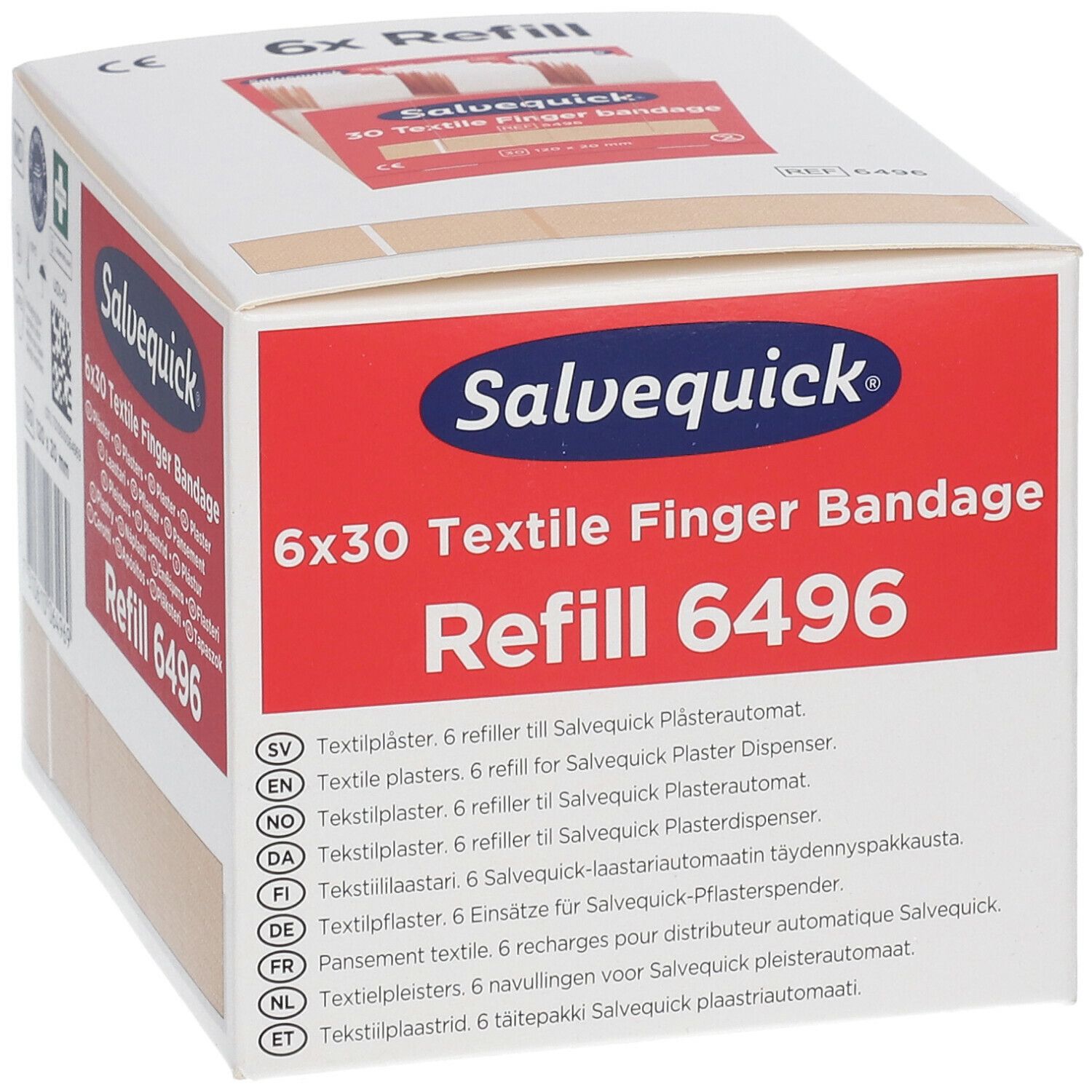 Salvequick® navulling. 6x30 textiel vingerverband. Verpakking met productinfo en meertalige vertalingen.