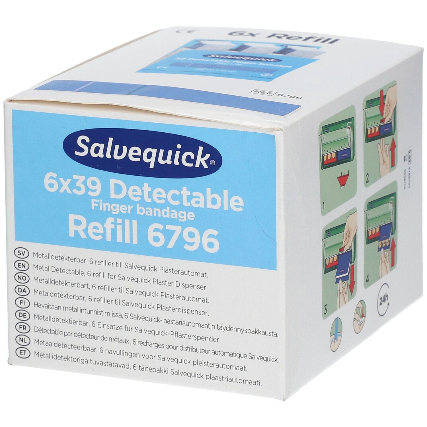Witte kartonnen verpakking. Opschrift: Salvequick 6x39 Detectable Finger bandage Refill 6796. Gebruiksillustraties.