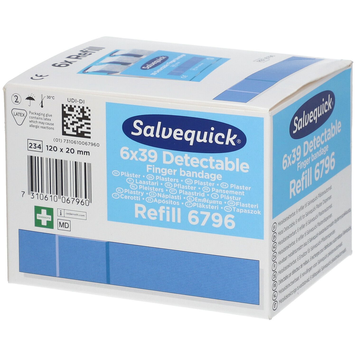 Witte kartonnen verpakking. Opschrift: Salvequick 6x39 Detectable Finger bandage Refill 6796. Afmetingen: 120 x 20 mm. Medische markering.
