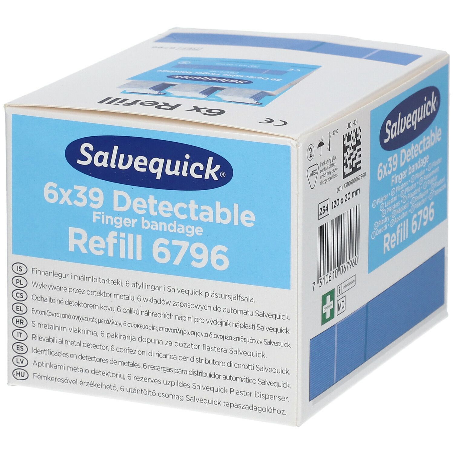 Witte kartonnen verpakking. Opschrift: Salvequick 6x39 Detectable Finger bandage Refill 6796. Meertalige productinformatie.