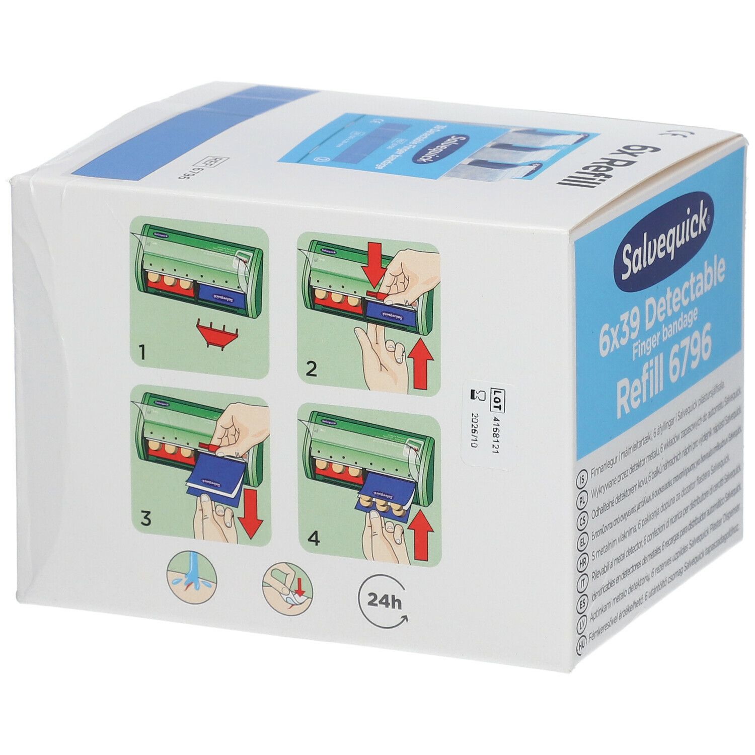 Witte kartonnen verpakking. Opschrift: Salvequick 6x39 Detectable Finger bandage Refill 6796. Gebruiksillustraties.
