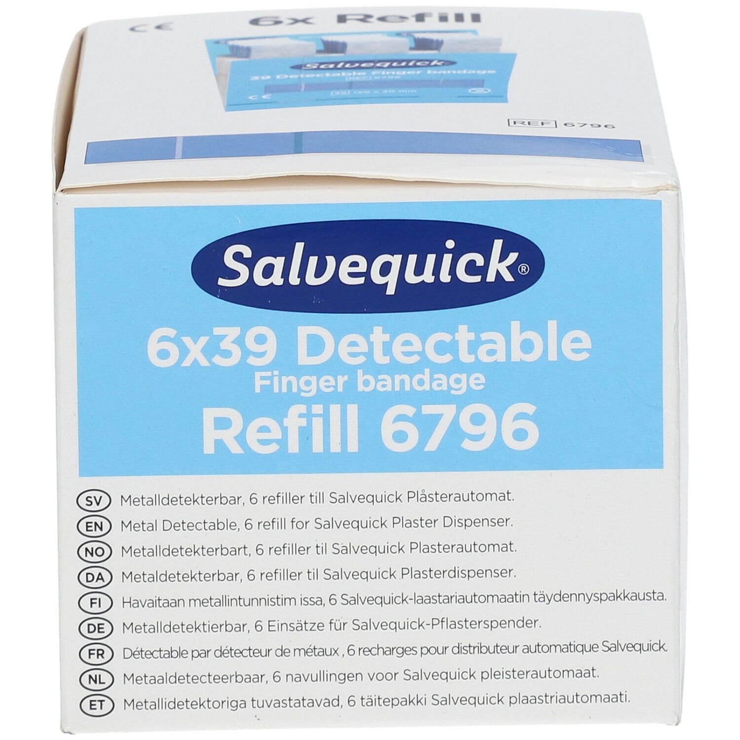 Witte kartonnen verpakking. Opschrift: Salvequick 6x39 Detectable Finger bandage Refill 6796. Meertalige productinformatie.