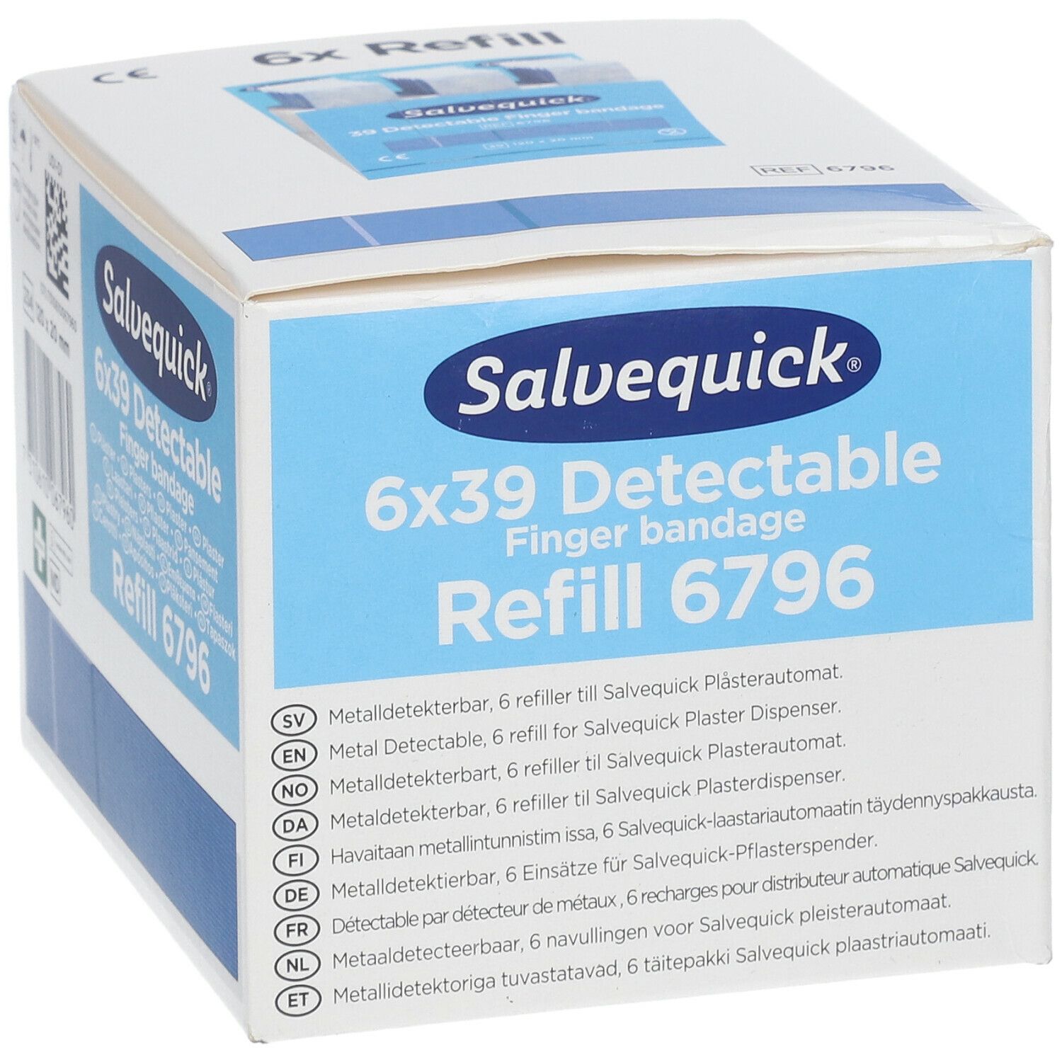 Witte kartonnen verpakking. Opschrift: Salvequick 6x39 Detectable Finger bandage Refill 6796. Meertalige productinformatie.