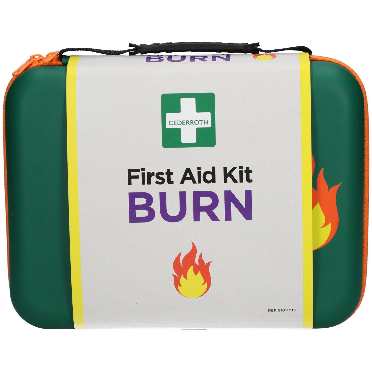 Groene EHBO-koffer met oranje rits. Opschrift: First Aid Kit BURN. Logo: kruis en vlam.