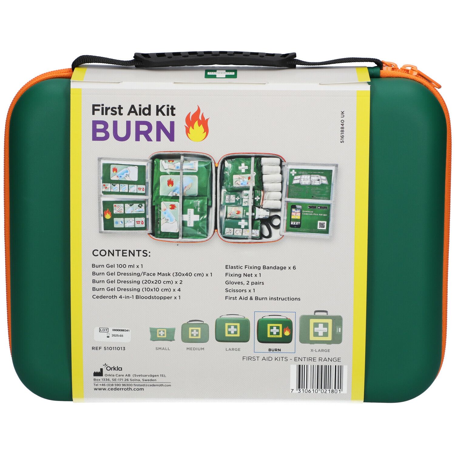 Achterkant van de EHBO-koffer. Inhoud: brandwondengel, brandwondverband, fixatieverband, schaar, etc. Tekst: First Aid Kit BURN.