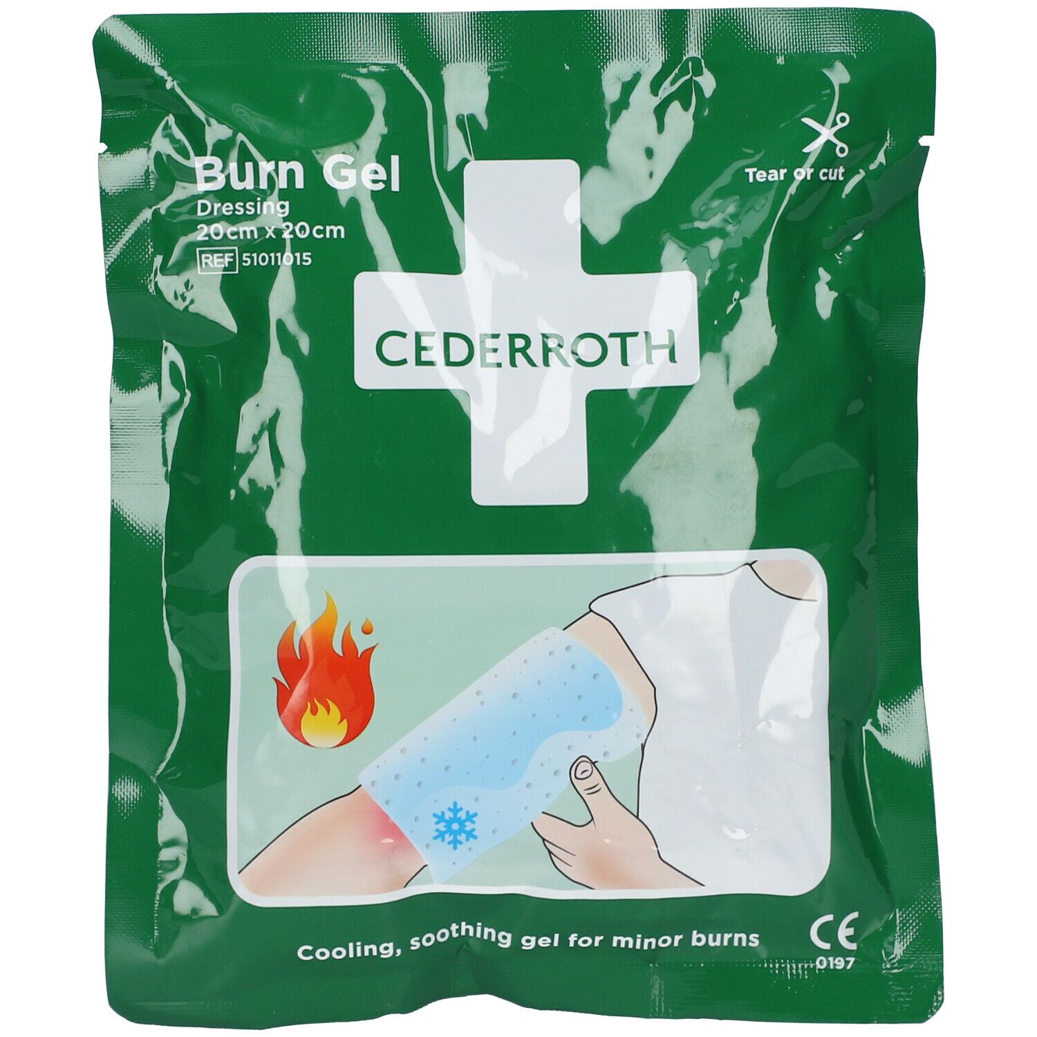 Groene verpakking met wit kruis en productillustratie. Tekst: Cederroth, Burn Gel Dressing 20x20cm. Illustratie: arm met brandwond.