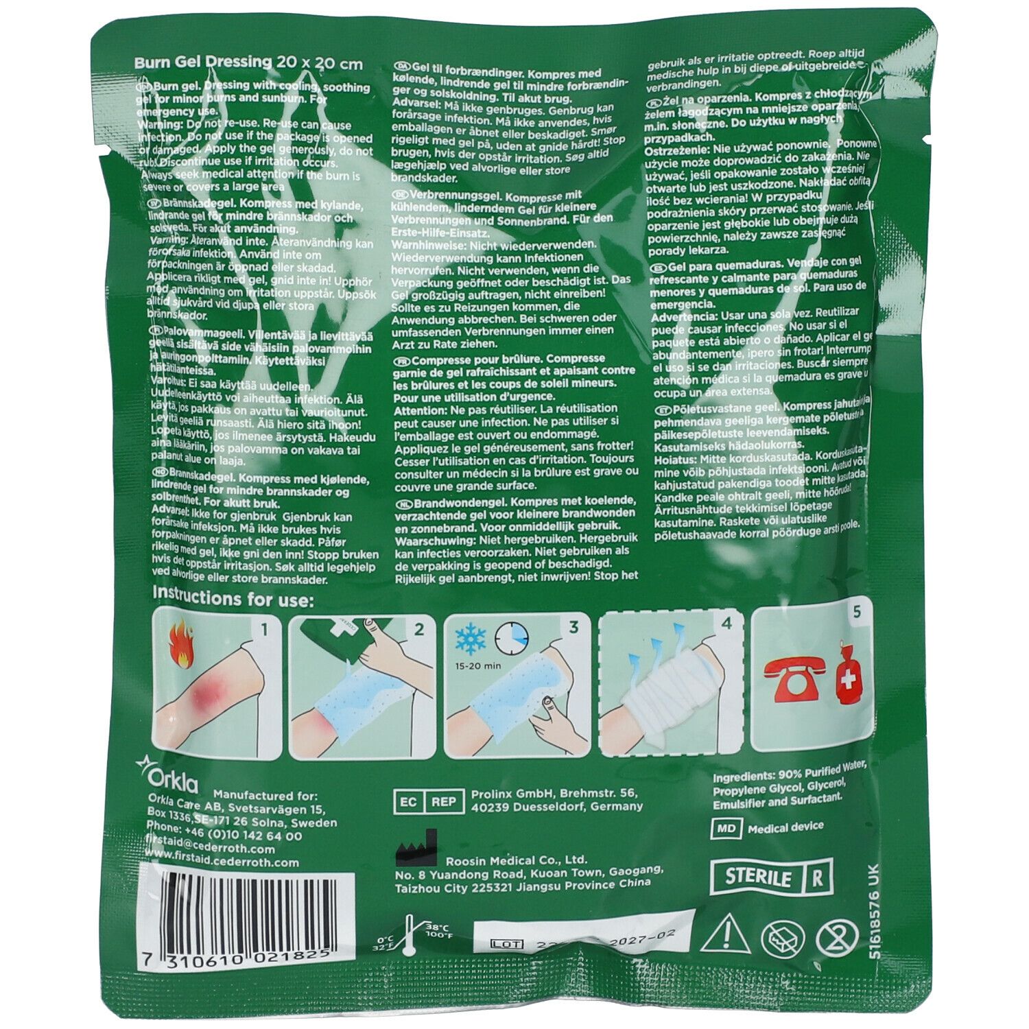 Achterkant van de verpakking. Tekst: Burn Gel Dressing 20 x 20 cm. Meertalige tekst en illustraties voor gebruik. Steriel symbool.