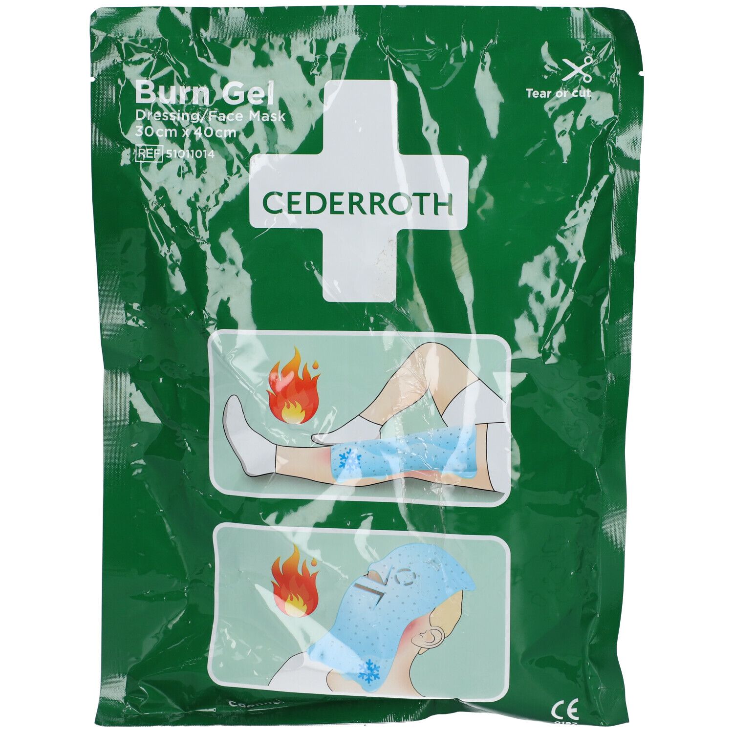 Groene verpakking met afbeeldingen en tekst. Bevat een gezichtsmasker. Merk Cederroth en CE-markering.