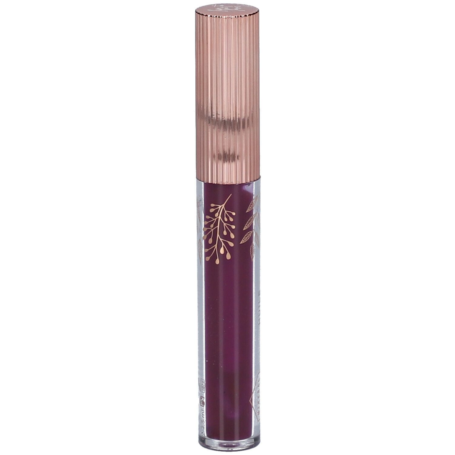 Tube d'huile pour les lèvres avec bouchon or rose. Inscription : HUILE D'AMOUR, CENT PUR CENT. Huile couleur prune.