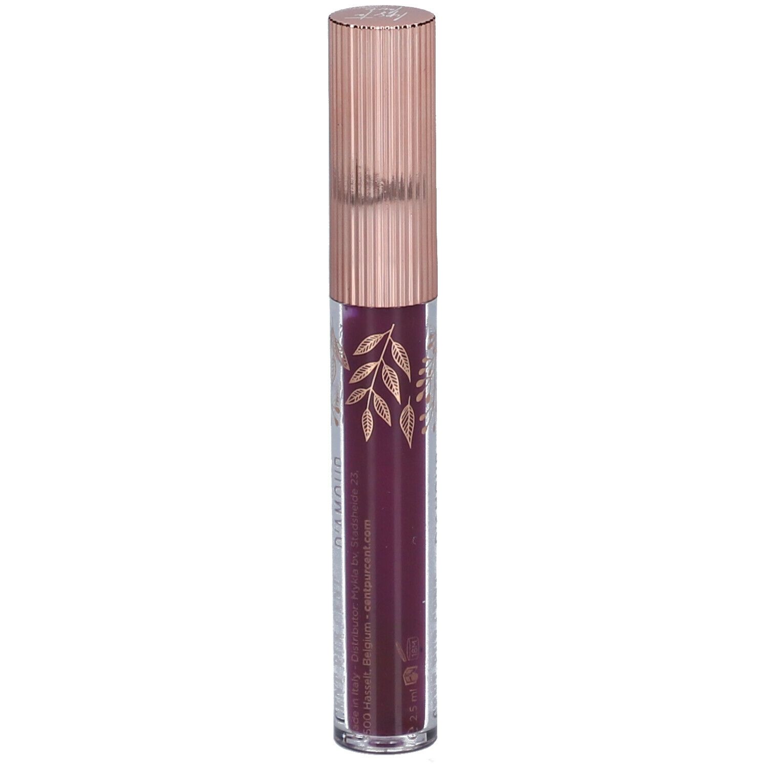Tube d'huile pour les lèvres avec bouchon or rose. Inscription : HUILE D'AMOUR, CENT PUR CENT. Huile couleur prune.
