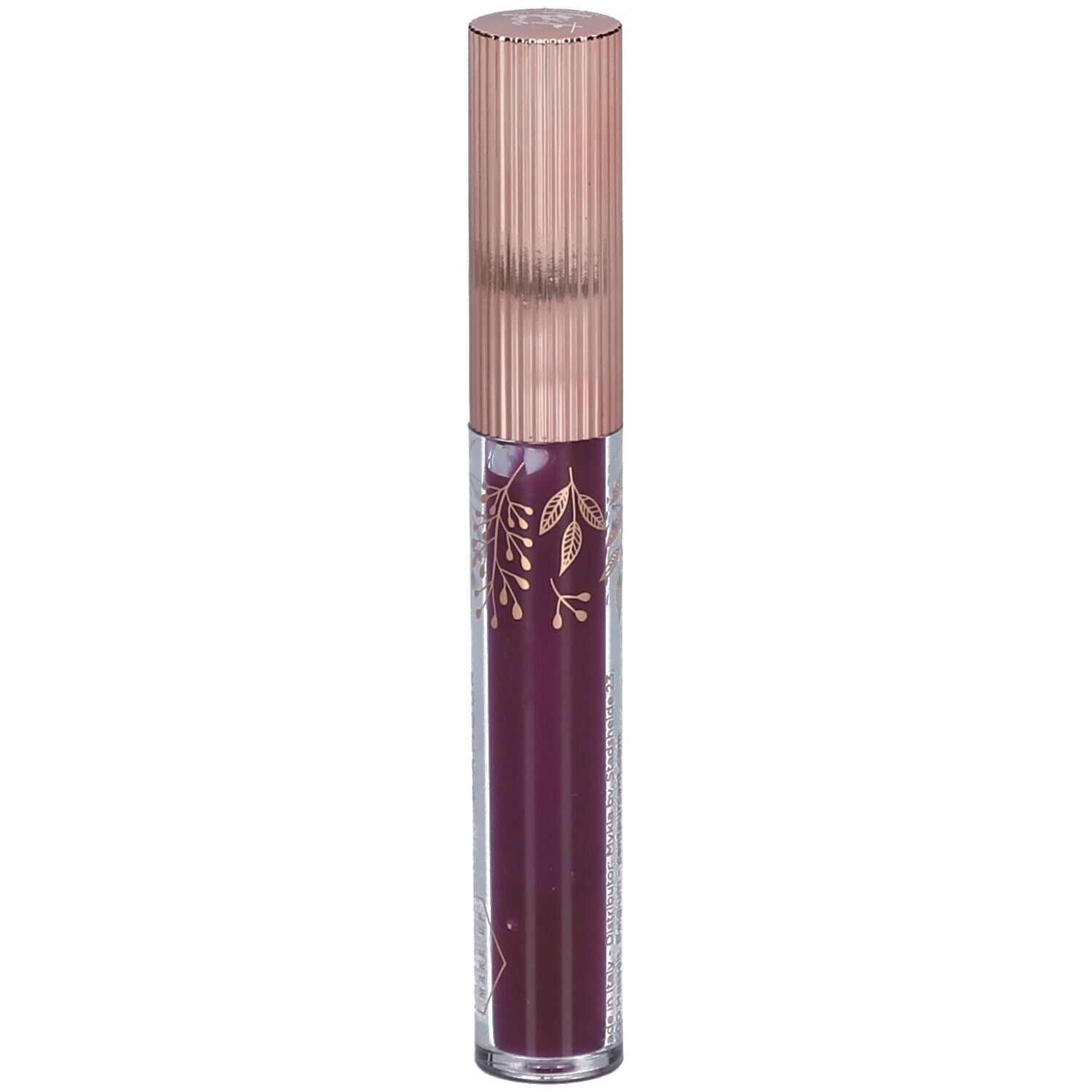 Tube d'huile pour les lèvres avec bouchon or rose. Inscription : HUILE D'AMOUR, CENT PUR CENT. Huile couleur prune.