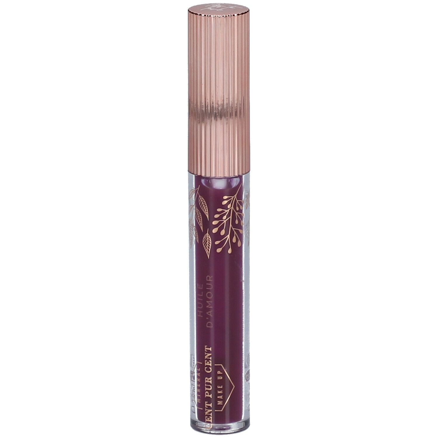 Tube d'huile pour les lèvres avec bouchon or rose. Inscription : HUILE D'AMOUR, CENT PUR CENT. Huile couleur prune.