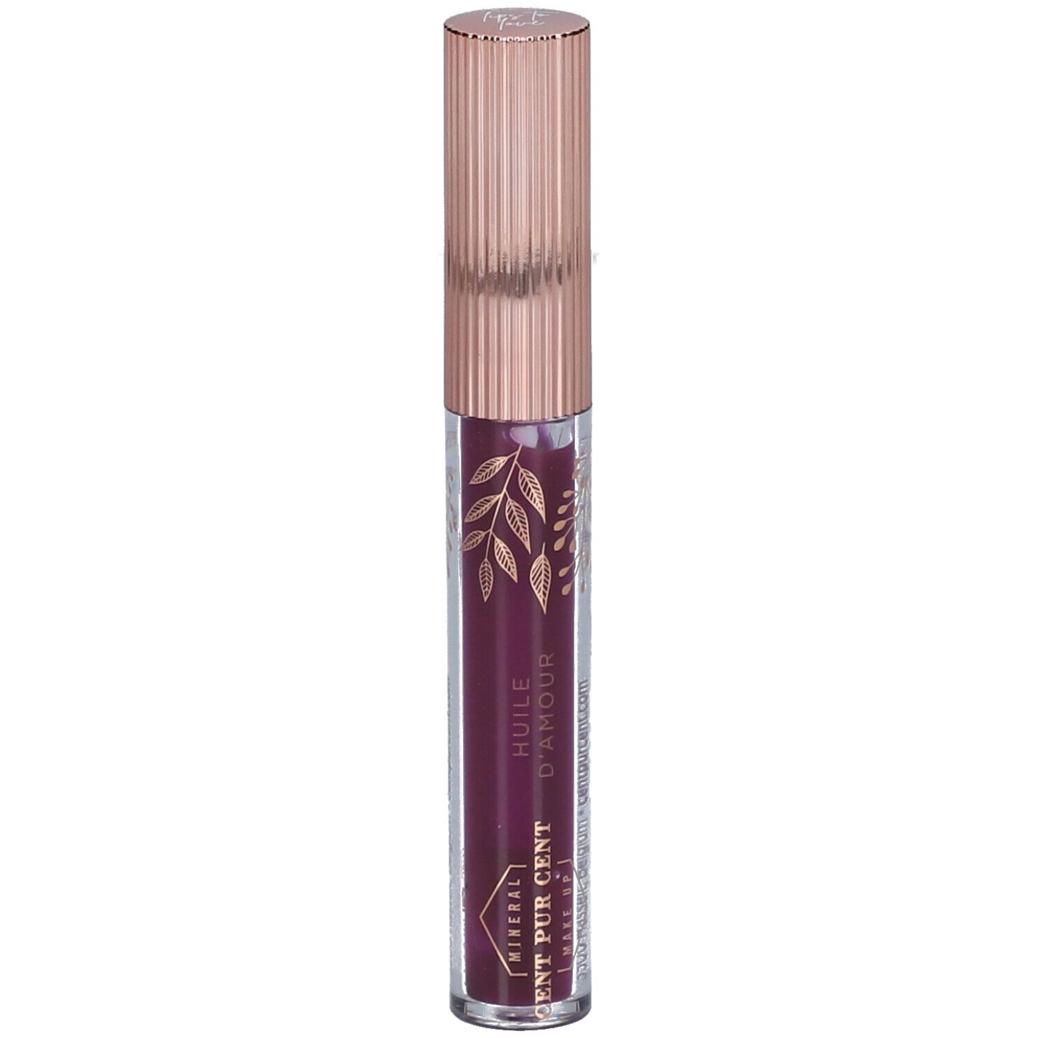 Tube d'huile pour les lèvres avec bouchon or rose. Inscription : HUILE D'AMOUR, CENT PUR CENT. Huile couleur prune.