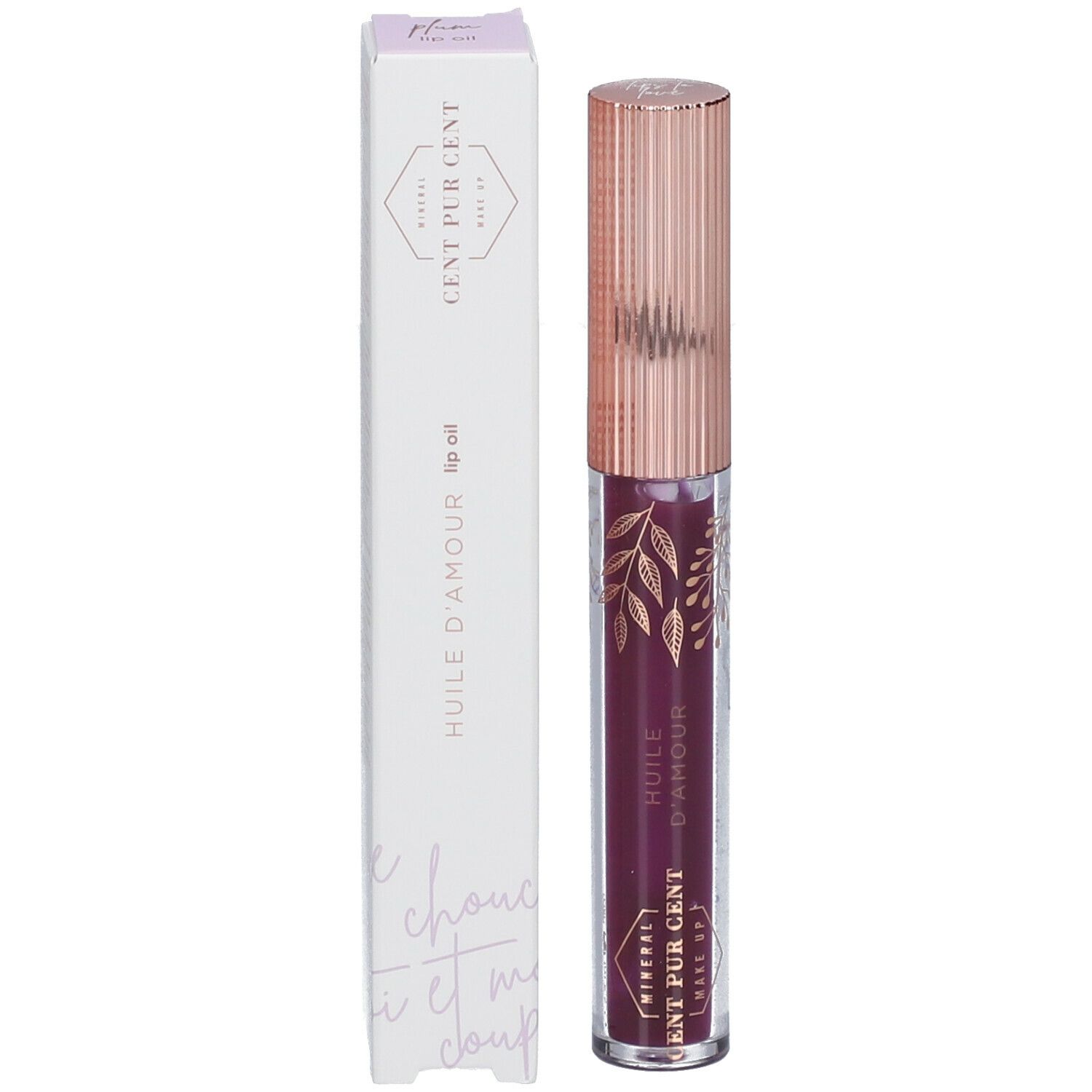 Tube d'huile pour les lèvres et emballage. Emballage : blanc, inscription CENT PUR CENT, HUILE D'AMOUR, lip oil.